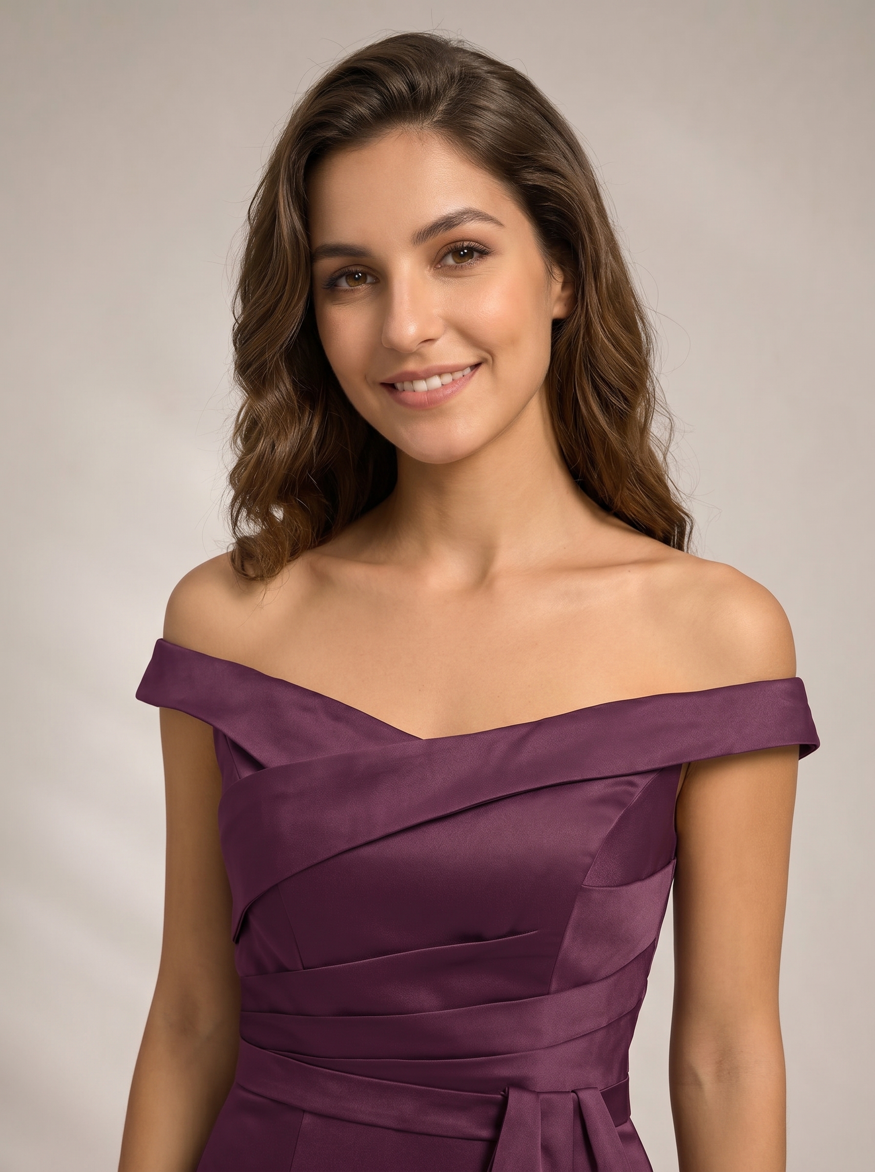 Plum Purple Off the Shoulder Evening Dress Long - Satin Mermaid Bridesmaid Gown with Side Bow