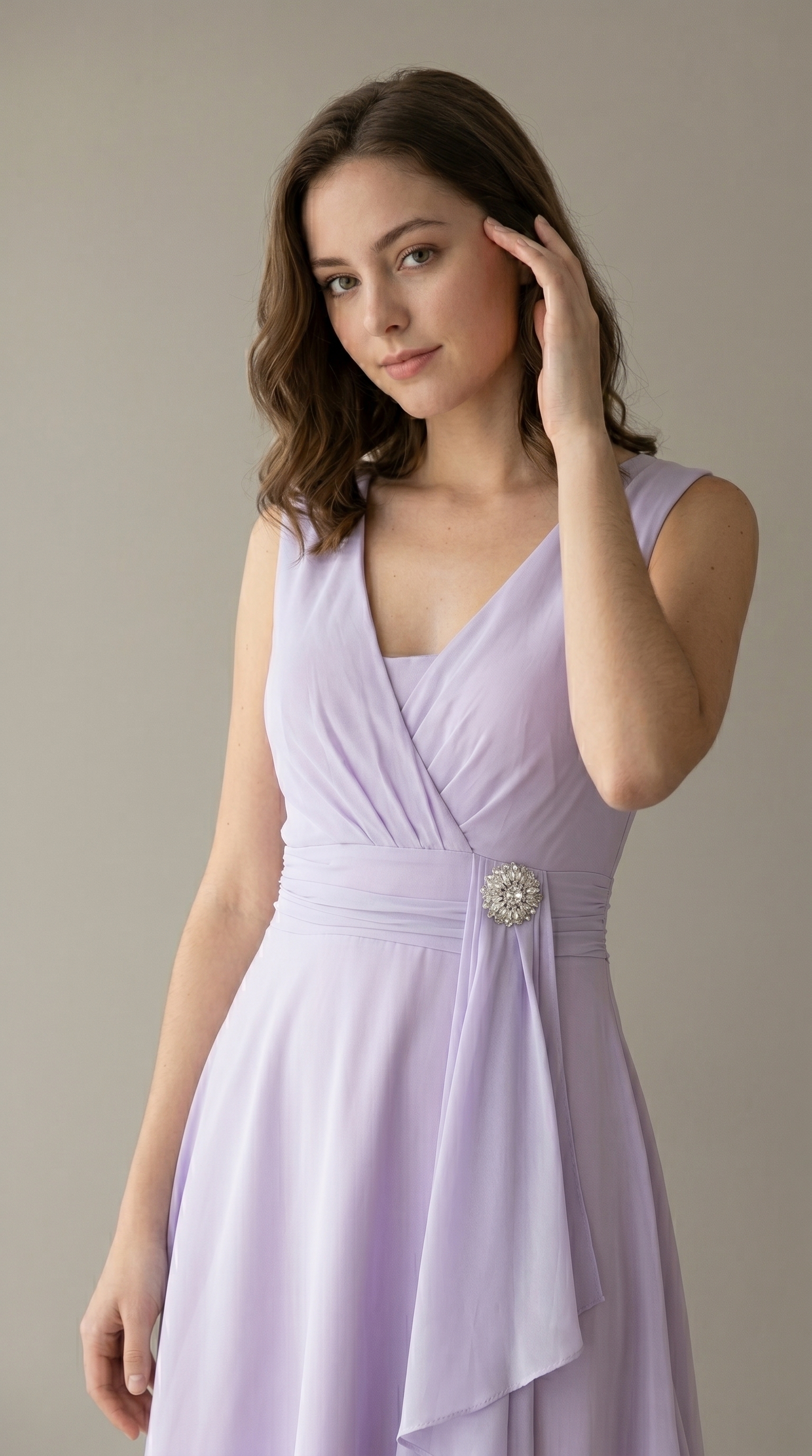 Elegant Chiffon Cocktail Midi Dress - Square Neck Mother of the Bride Gown with Rhinestone Brooch