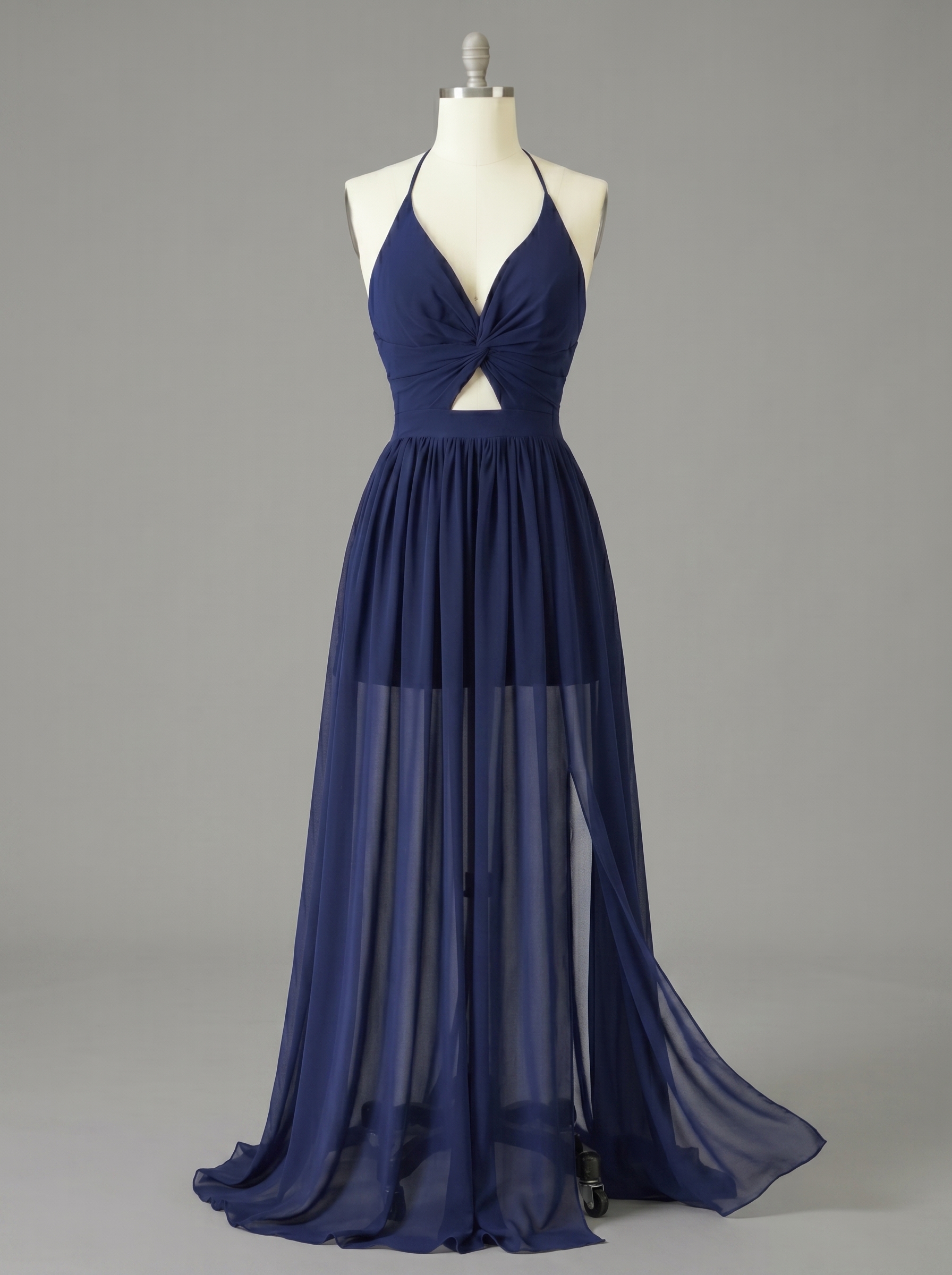 Navy Blue Halter Maxi Dress with Cutout & Slit - Elegant Backless Evening Gown for Wedding Guest or Prom