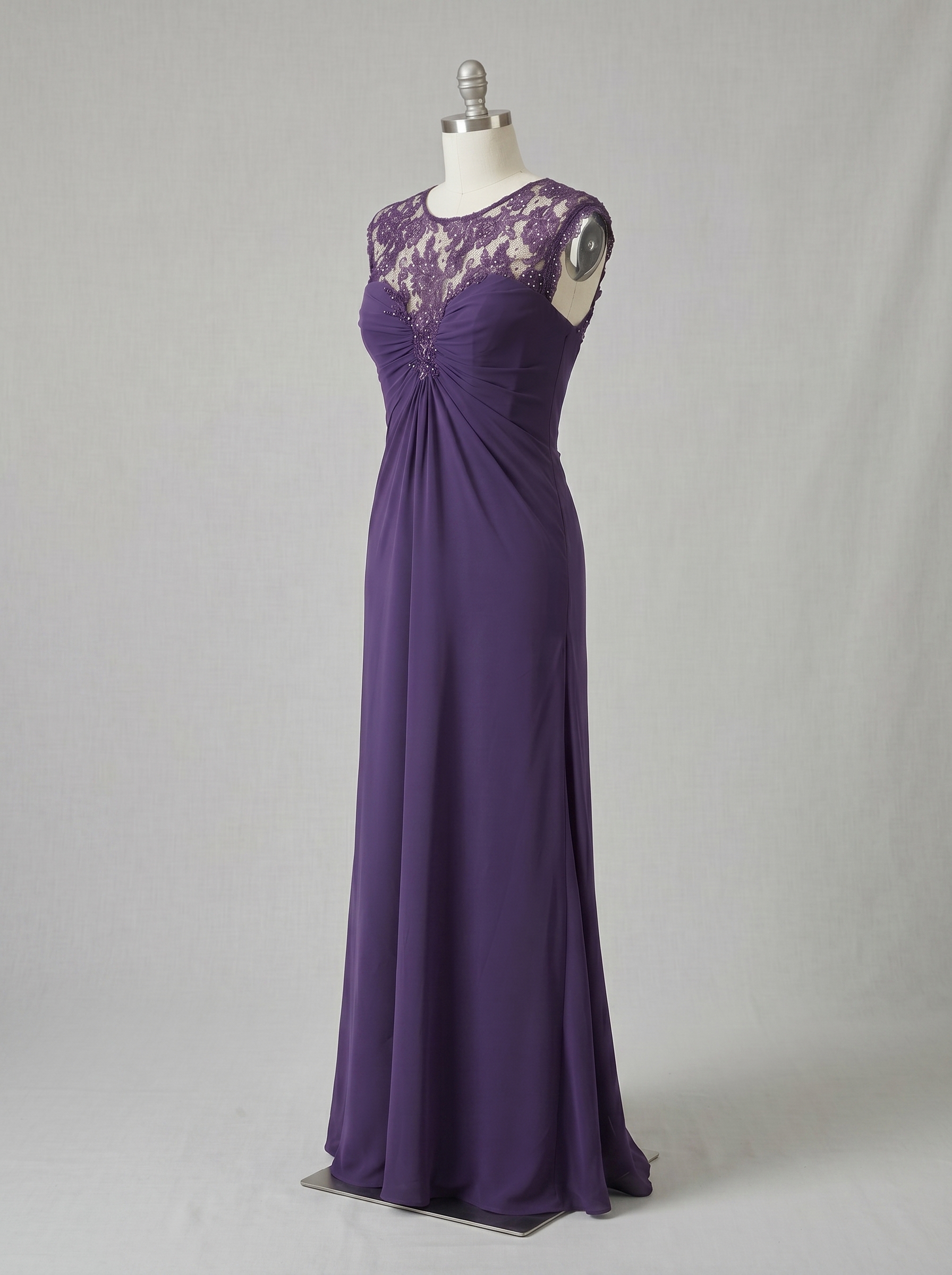 Elegant Sleeveless Lace Illusion Neckline Maxi Dress - Ruched Chiffon Formal Evening Gown for Wedding Guest, Bridesmaid & Prom