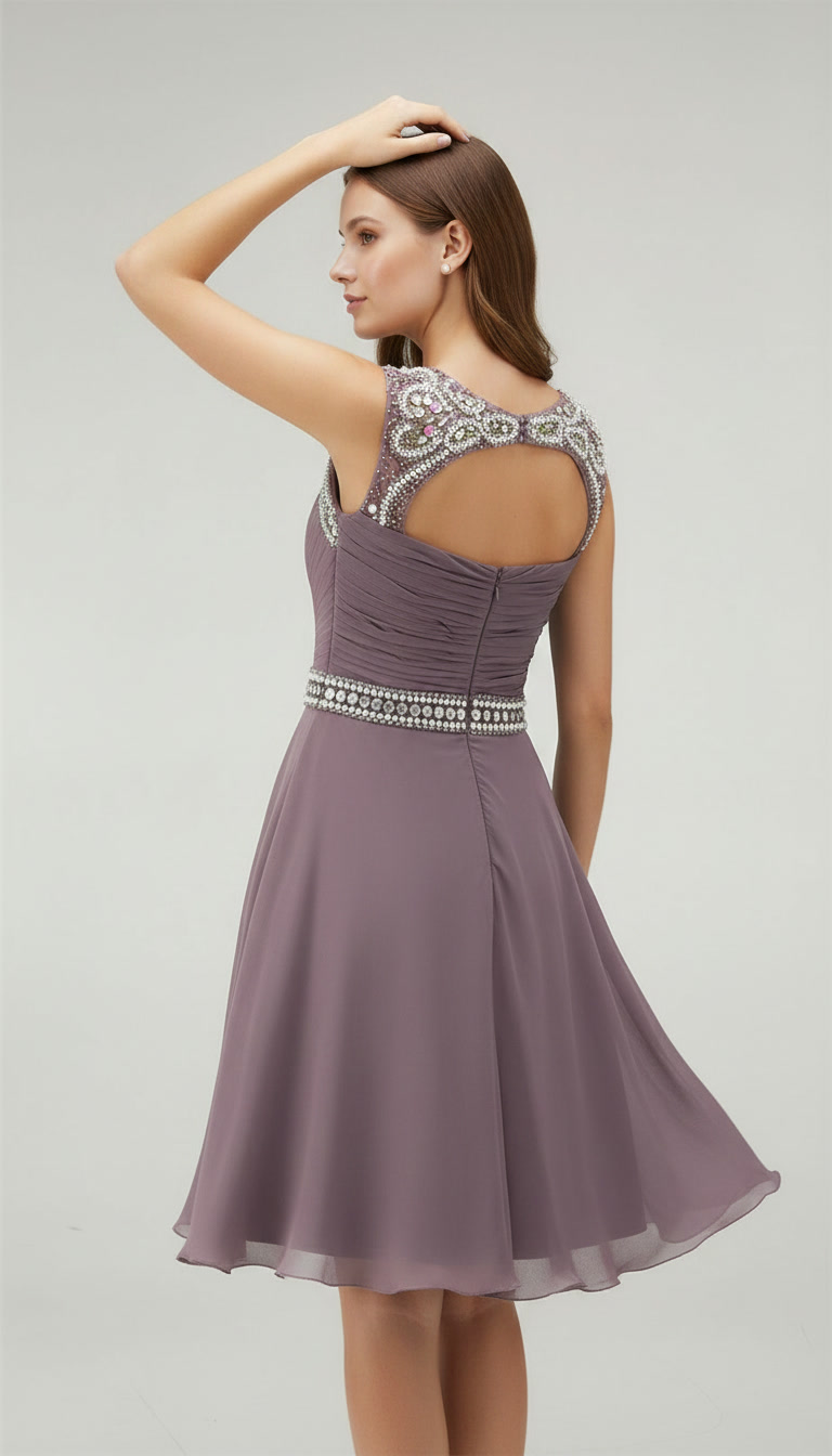 Mauve Purple Sequin Homecoming Dress Short - Illusion Neck Chiffon Prom Gown with Rhinestone Belt