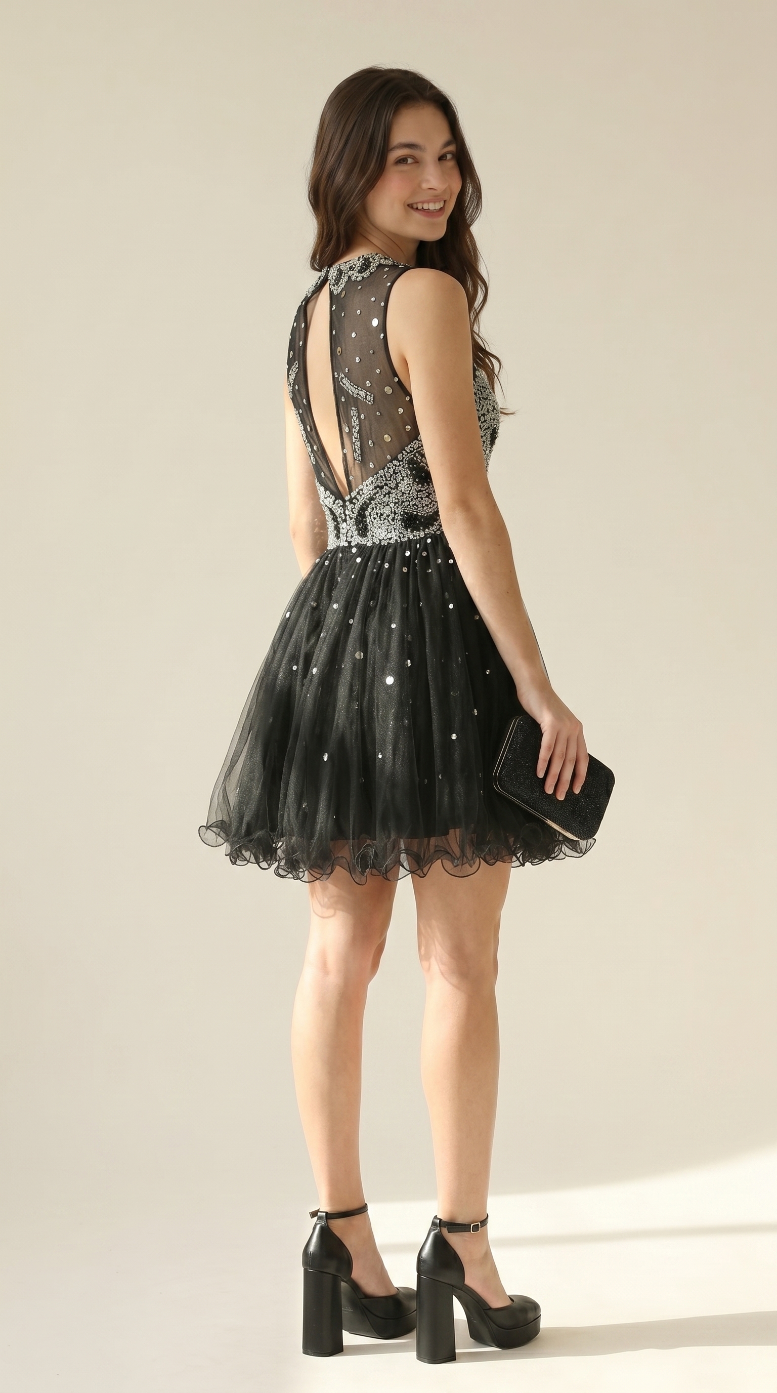 Sparkling Sequin Homecoming Dress - Illusion High Neck Short Prom Gown with Glitter Tulle Skirt