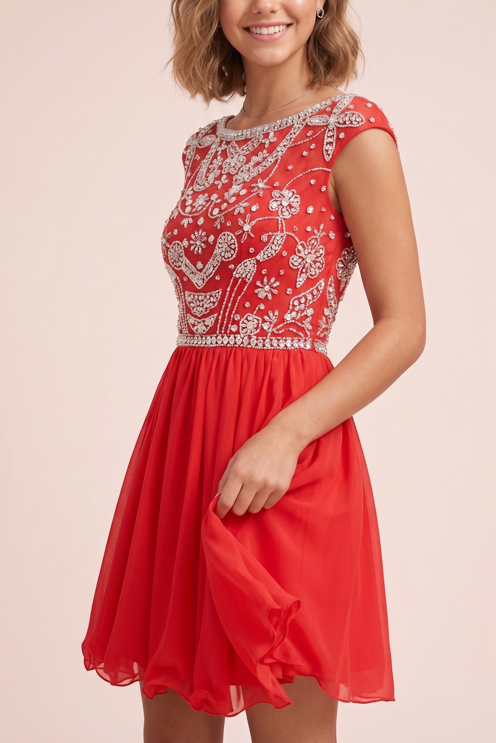 Sparkling Sequin Homecoming Dress Short - Illusion Neck Beaded Prom Gown with Chiffon Skirt
