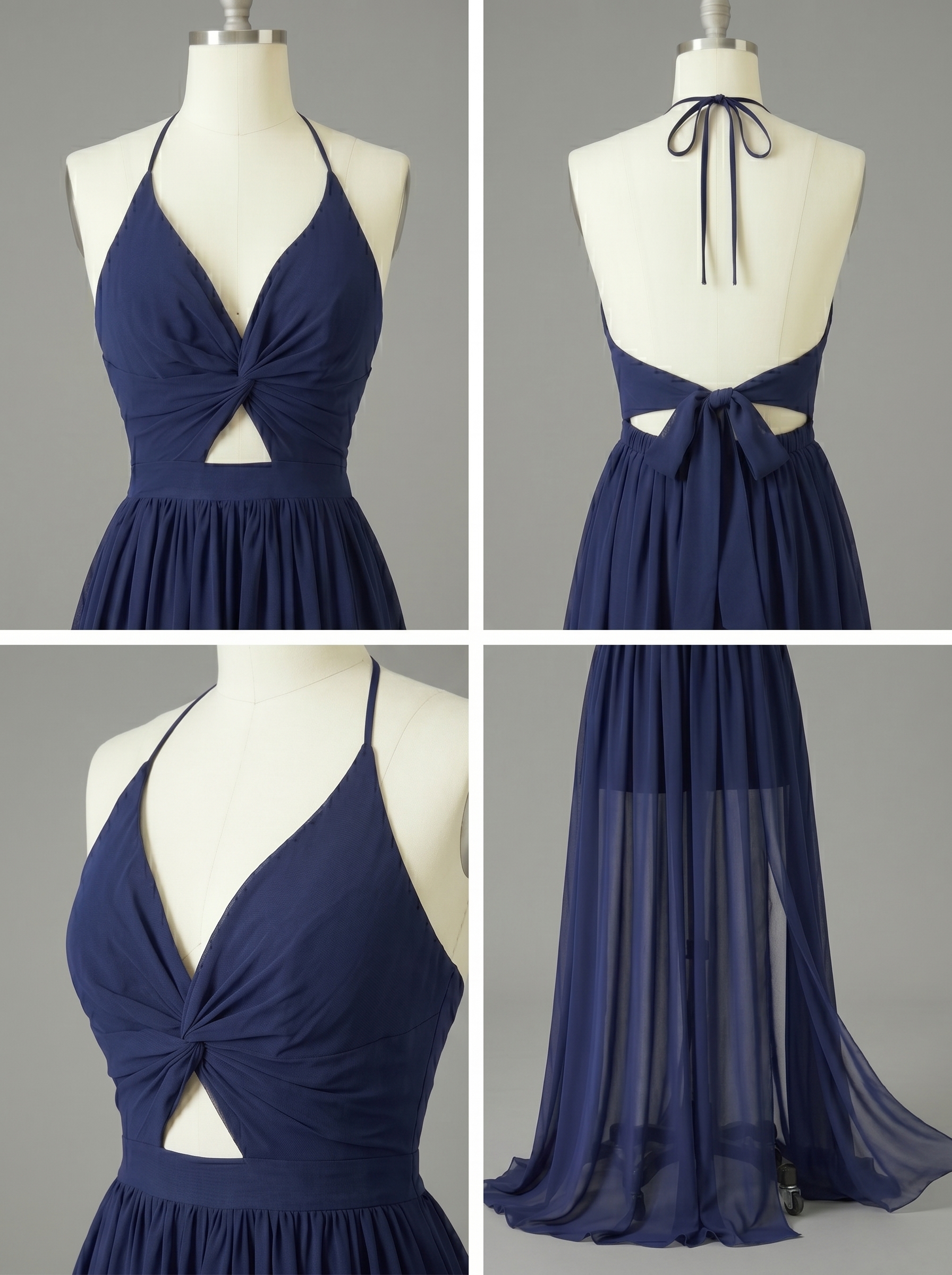 Navy Blue Halter Maxi Dress with Cutout & Slit - Elegant Backless Evening Gown for Wedding Guest or Prom