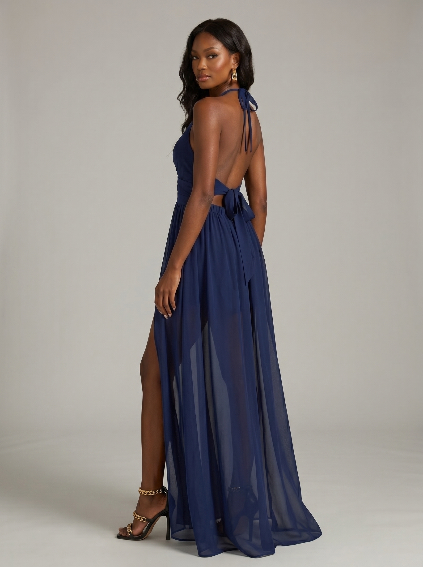 Navy Blue Halter Maxi Dress with Cutout & Slit - Elegant Backless Evening Gown for Wedding Guest or Prom