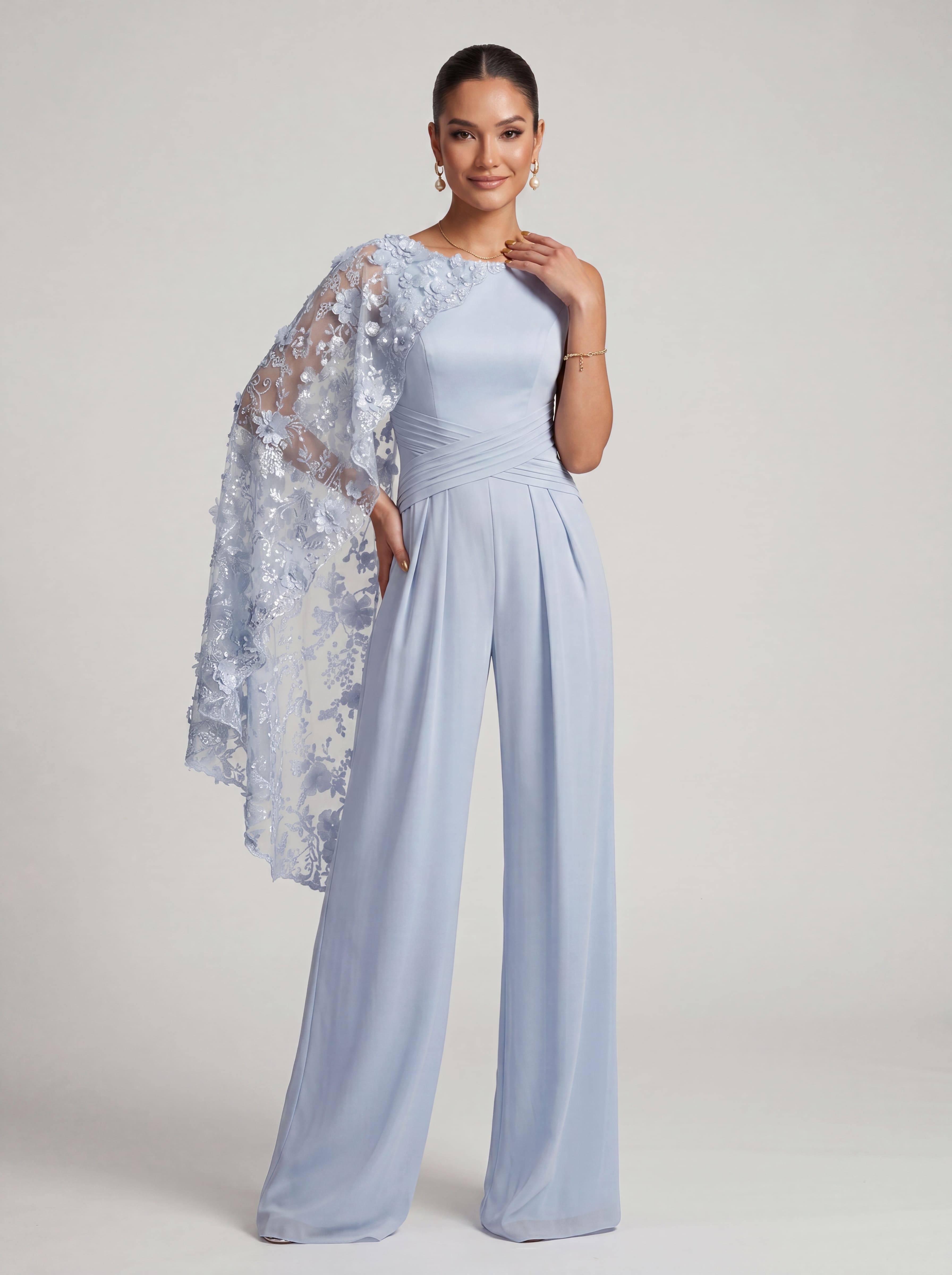 Sky Blue Floral Cape Formal Pantsuit - Boat Neck Wide Leg Mother of the Bride Jumpsuit with Ruched Waist & Pockets