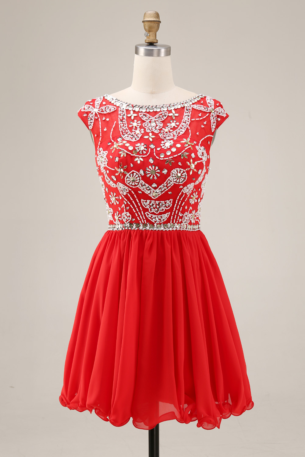 Sparkling Sequin Homecoming Dress Short - Illusion Neck Beaded Prom Gown with Chiffon Skirt