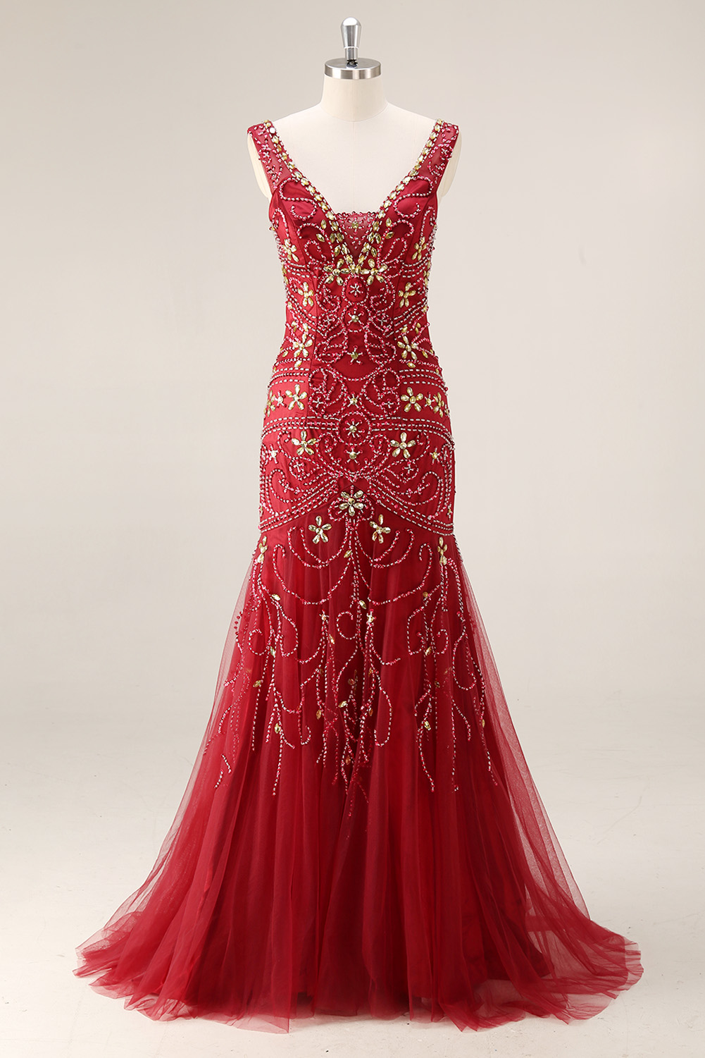 Luxury Sequin Mermaid Evening Dress - Formal Deep V-Neck Prom Gown with Baroque Beaded Embroidery