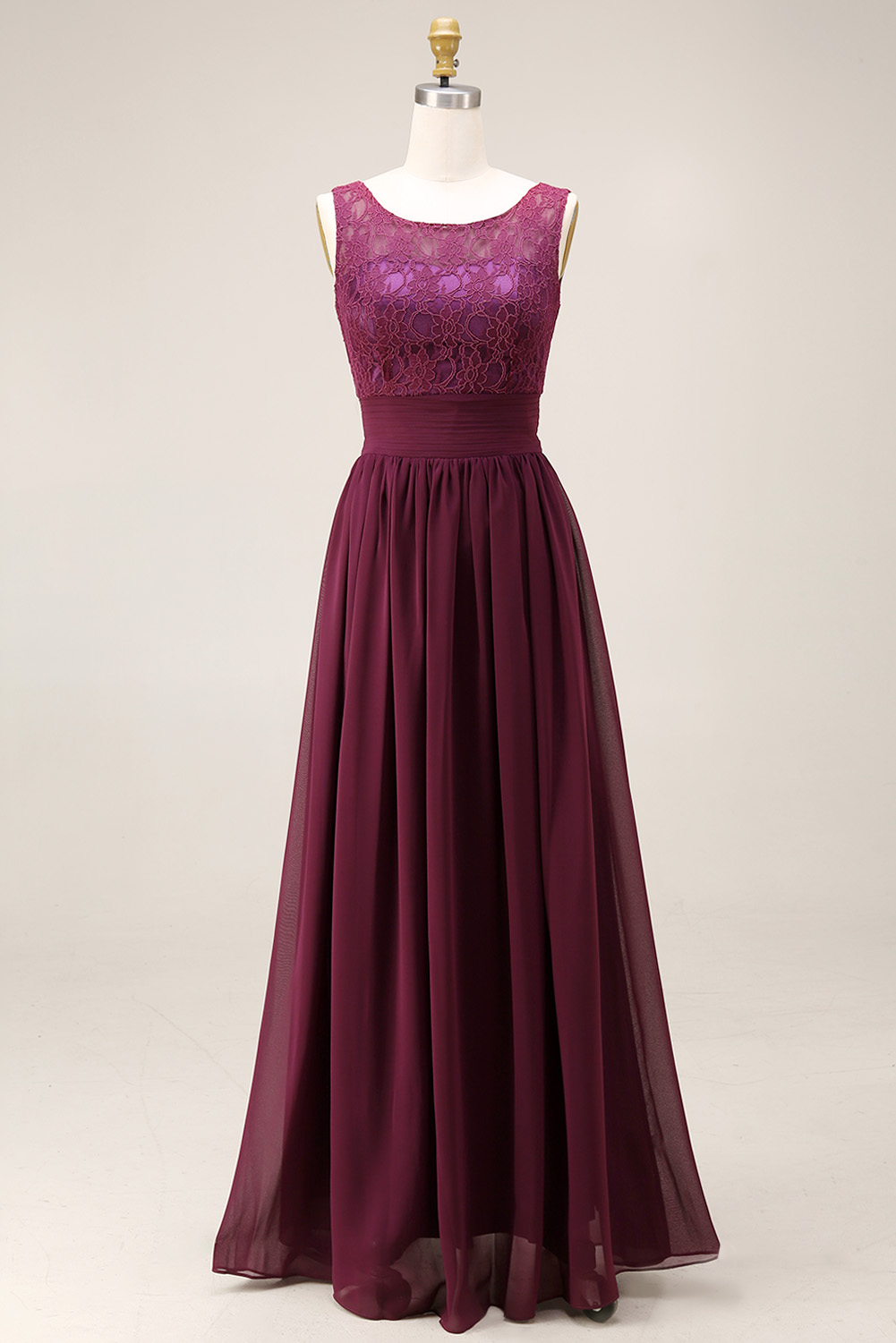Elegant Lace A-Line Bridesmaid Dress - Illusion Boat Neck Chiffon Maxi Gown with Pleated Waistband