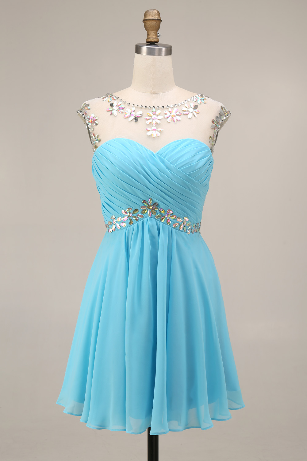 Sparkling Crystal Homecoming Dress Short - Illusion Neck Chiffon Prom Gown with Beaded Waistband