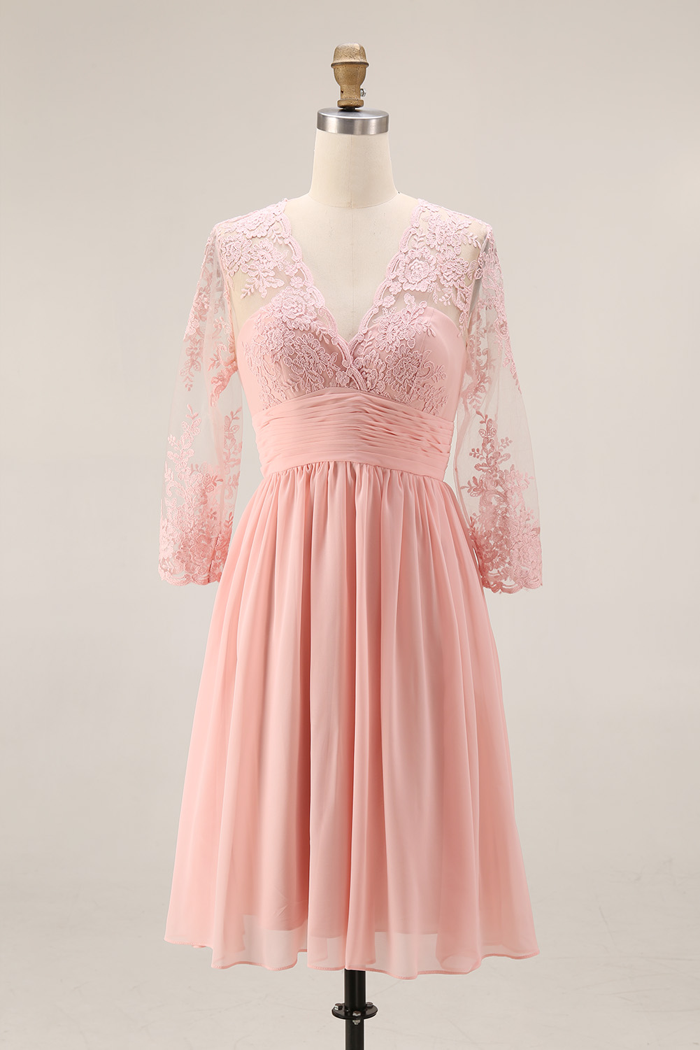 Floral Lace V-Neck Cocktail Dress - 3/4 Sleeve Mother of the Bride Midi Gown with Ruched Waistband