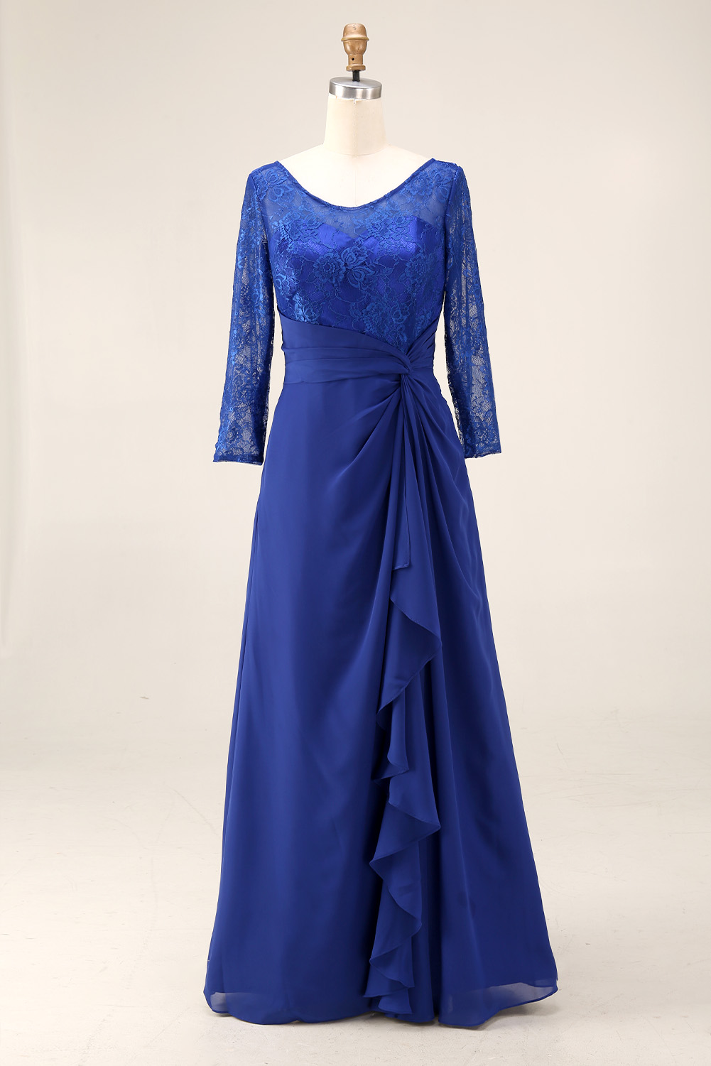 Elegant 3/4 Sleeve Lace Bodice Chiffon Maxi Dress | Ruched Waist Formal Evening Gown