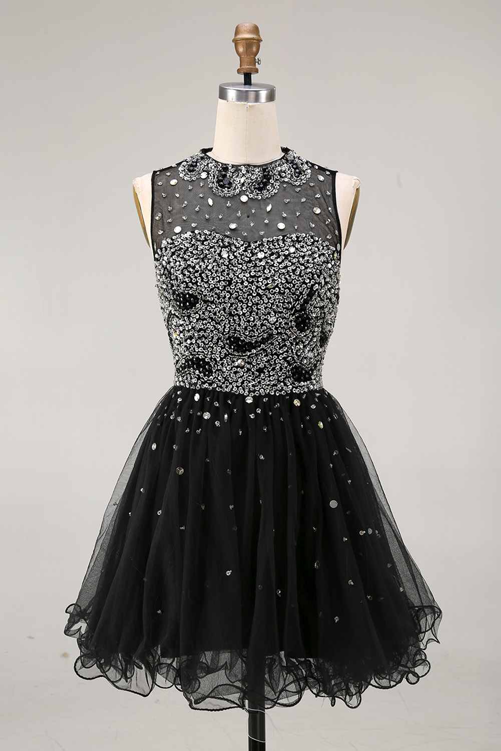 Sparkling Sequin Homecoming Dress - Illusion High Neck Short Prom Gown with Glitter Tulle Skirt