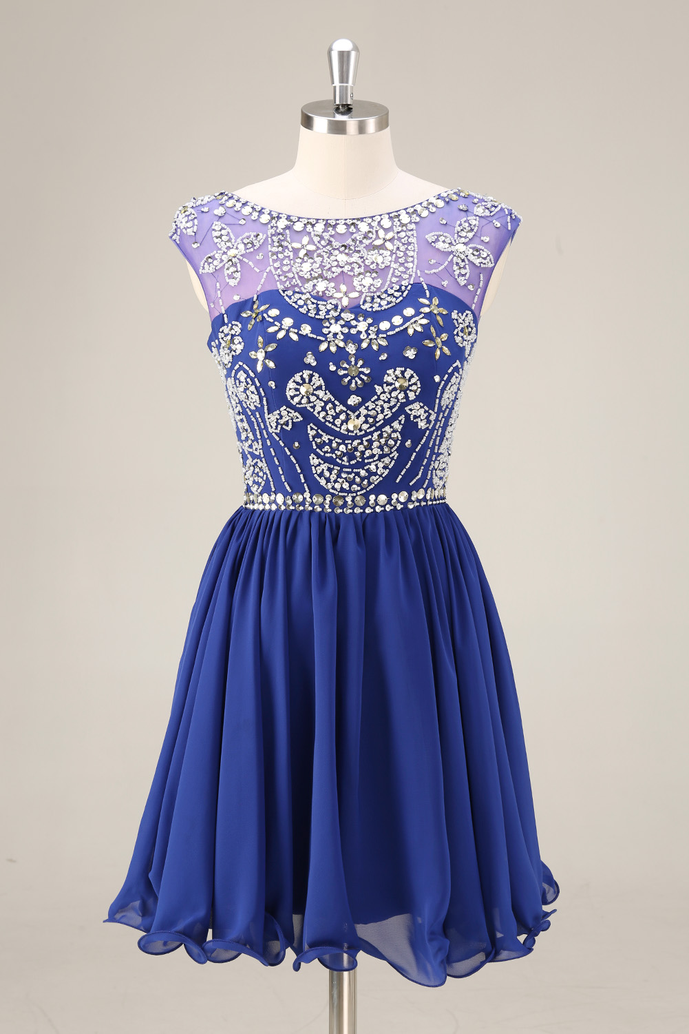Sparkling Sequin Homecoming Dress Short - Illusion Neck Beaded Prom Gown with Chiffon Skirt