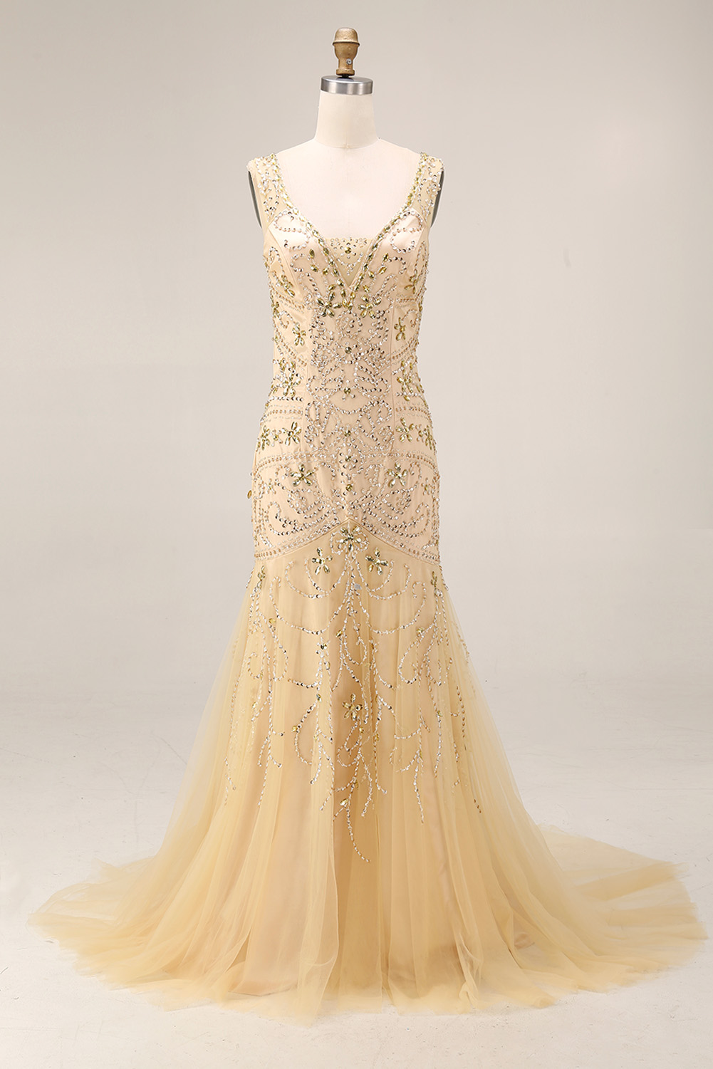 Luxury Sequin Mermaid Evening Dress - Formal Deep V-Neck Prom Gown with Baroque Beaded Embroidery