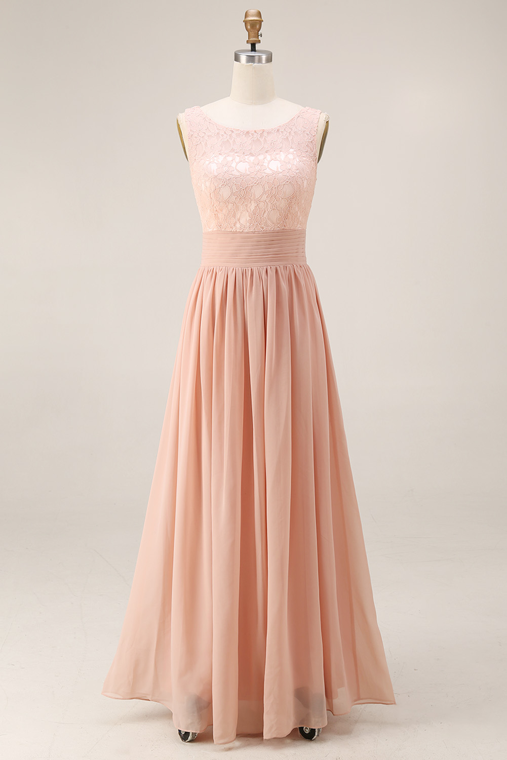 Elegant Lace A-Line Bridesmaid Dress - Illusion Boat Neck Chiffon Maxi Gown with Pleated Waistband