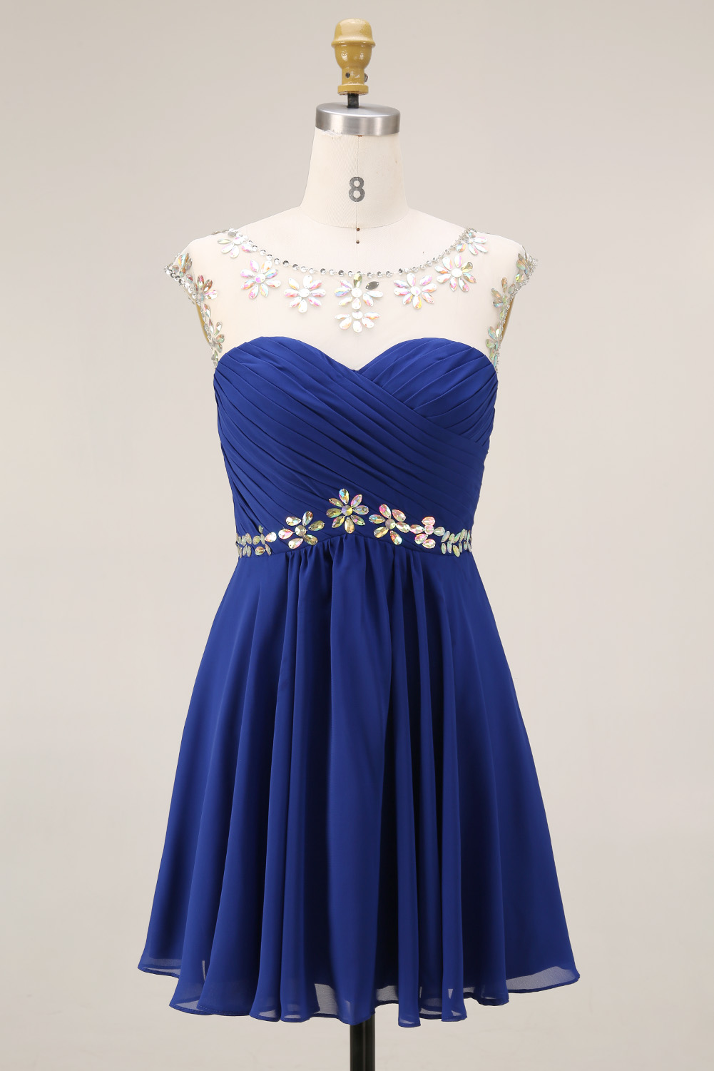 Sparkling Crystal Homecoming Dress Short - Illusion Neck Chiffon Prom Gown with Beaded Waistband