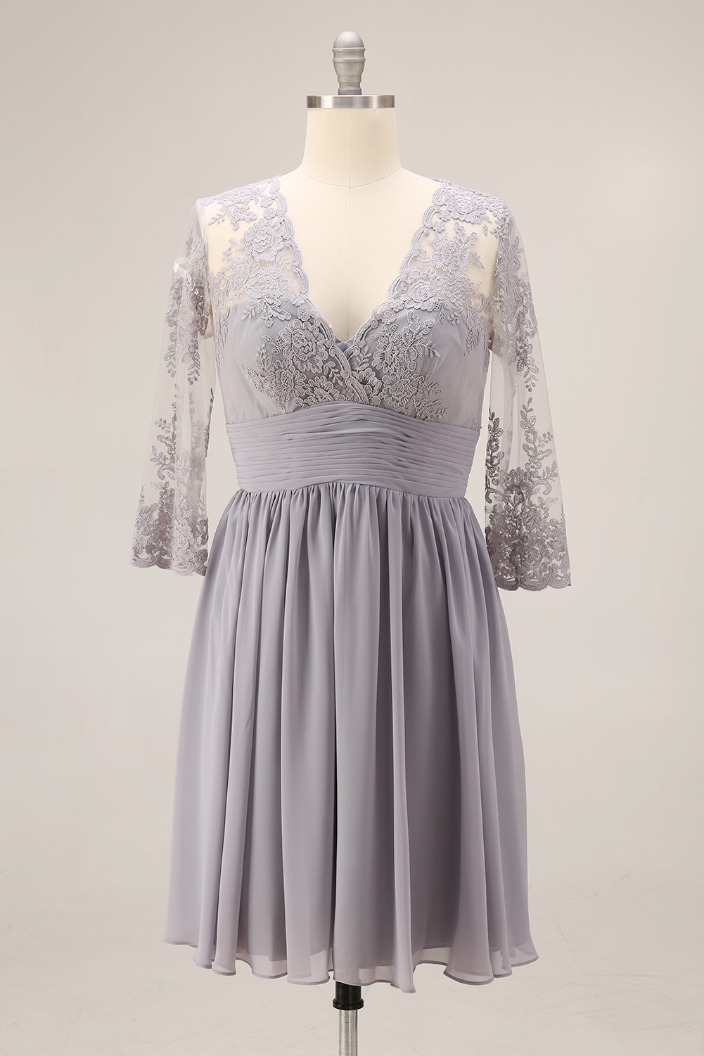 Floral Lace V-Neck Cocktail Dress - 3/4 Sleeve Mother of the Bride Midi Gown with Ruched Waistband