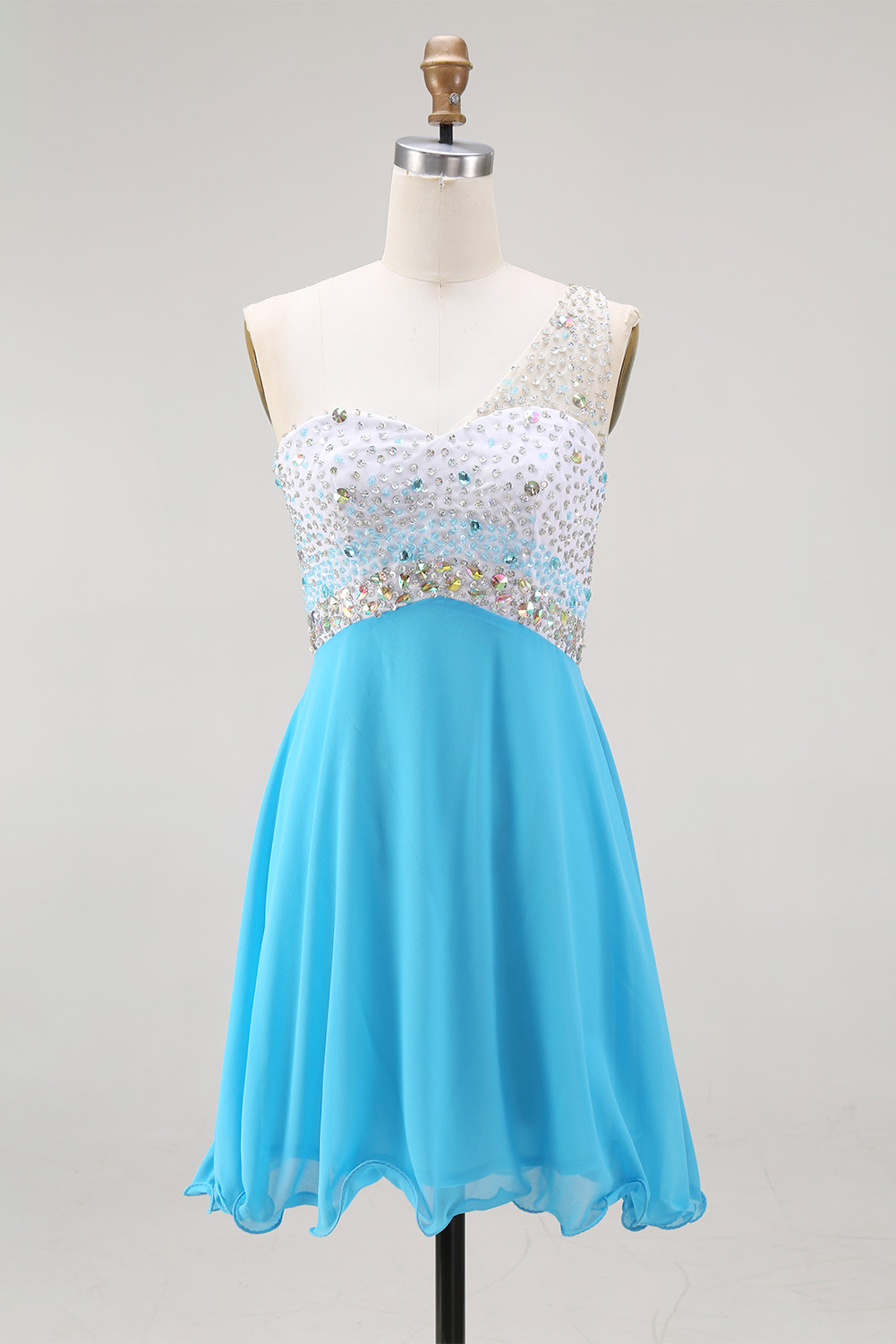Sparkling One Shoulder Sequin Homecoming Dress - Short Beaded Prom Gown with Chiffon Skirt
