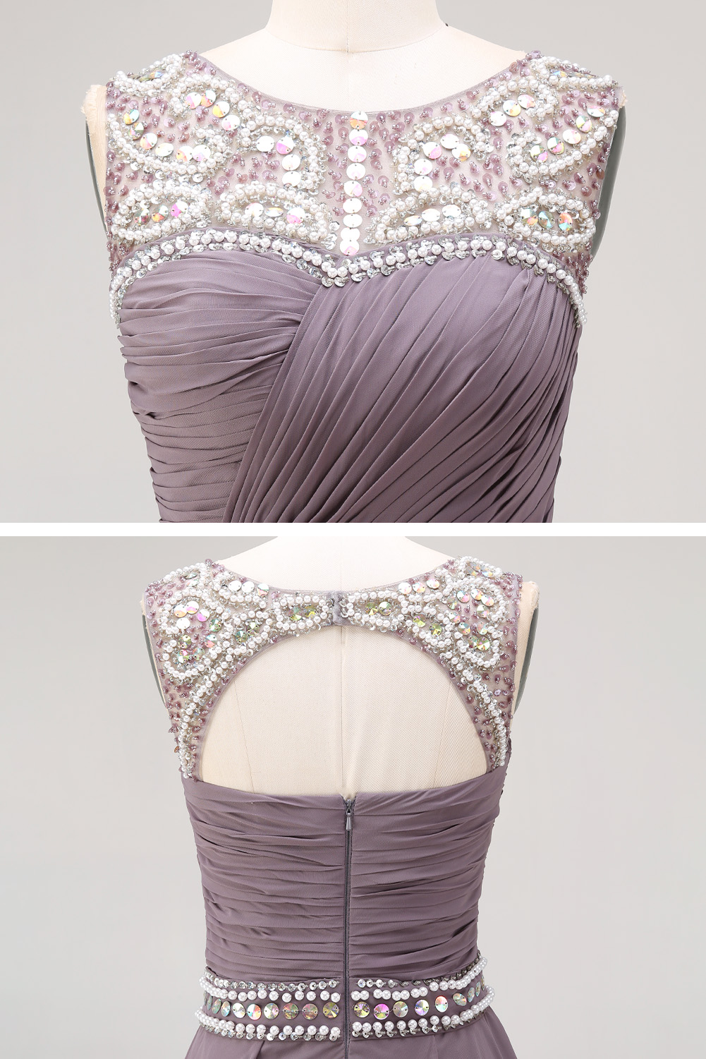 Mauve Purple Sequin Homecoming Dress Short - Illusion Neck Chiffon Prom Gown with Rhinestone Belt