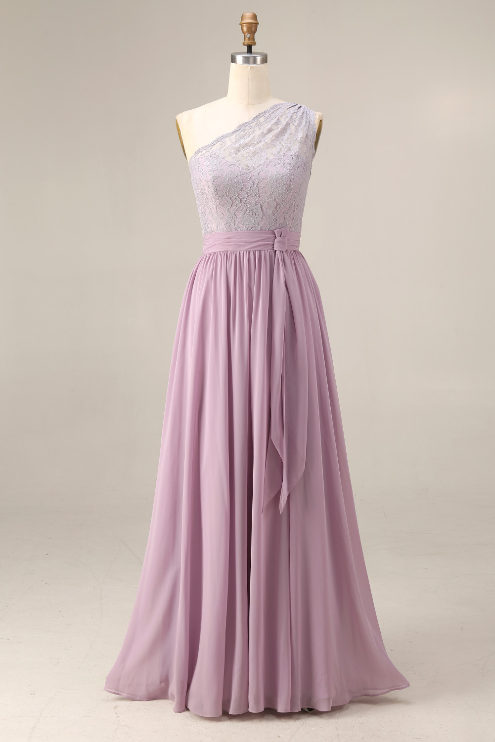 Lavender One Shoulder Bridesmaid Dress Long - Lace Chiffon Evening Gown with Waist Sash