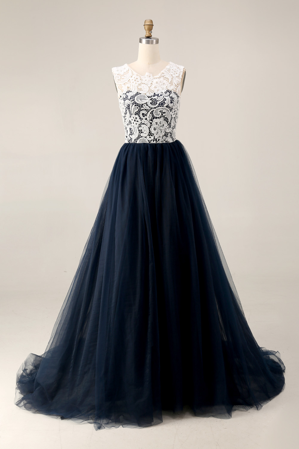 Navy Blue and White Lace Evening Dress Long - Illusion Neck Tulle Prom Ball Gown with Cap Sleeves