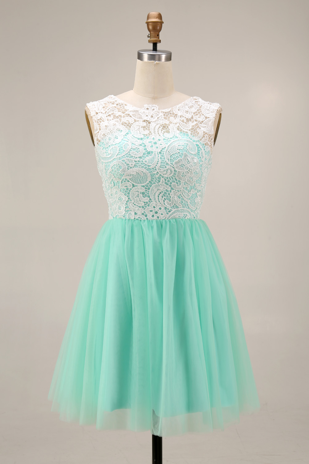Elegant Tulle Homecoming Dress - Short Lace Embroidered Prom Gown with Illusion Boat Neck