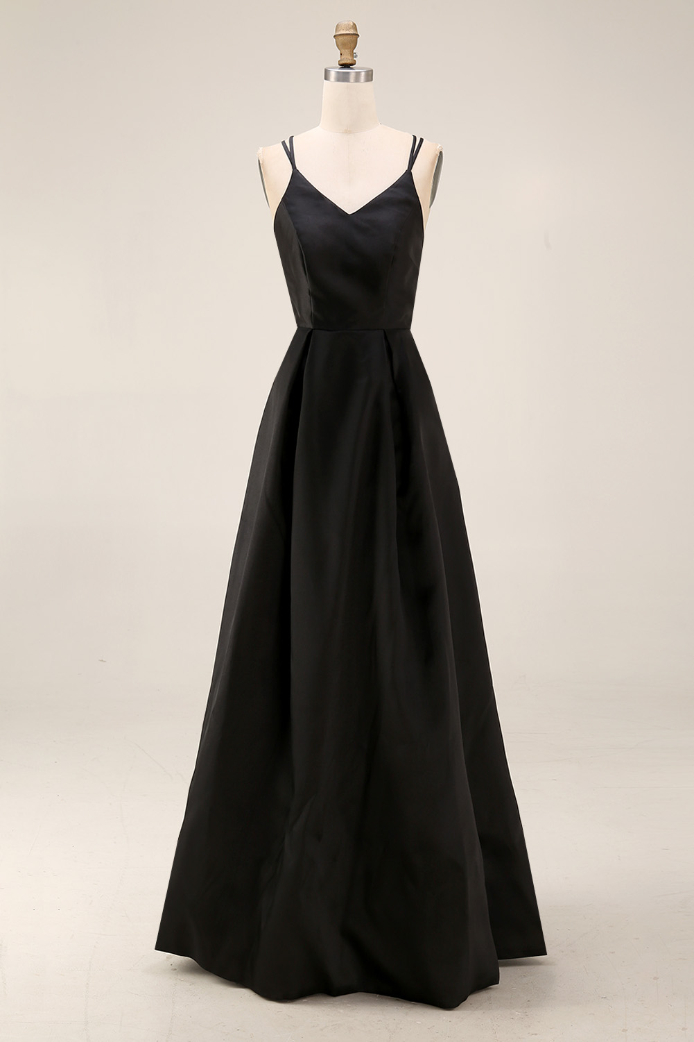 Classic Black Satin Prom Formal Gown - Double Spaghetti Strap V-Neck A-Line Evening Dress with Pockets