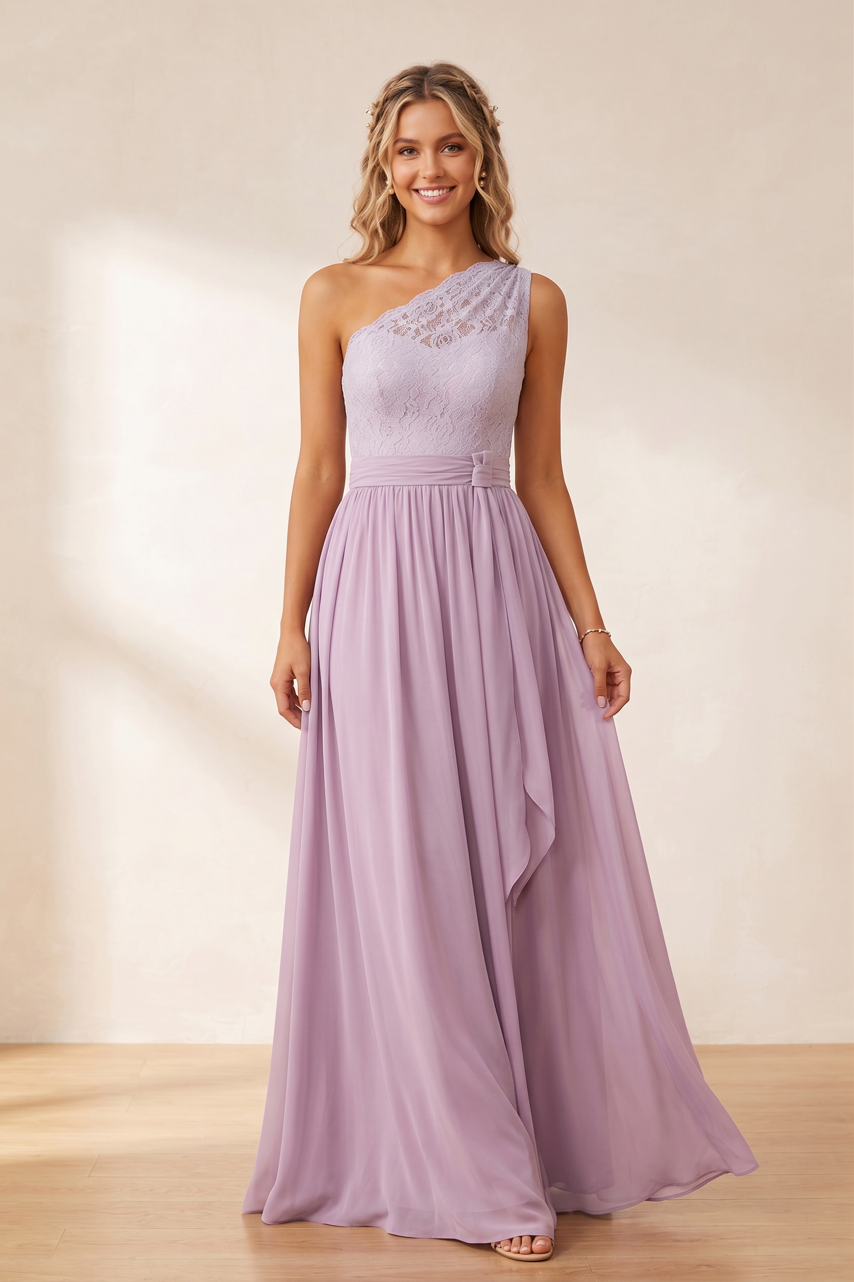 Lavender One Shoulder Bridesmaid Dress Long - Lace Chiffon Evening Gown with Waist Sash