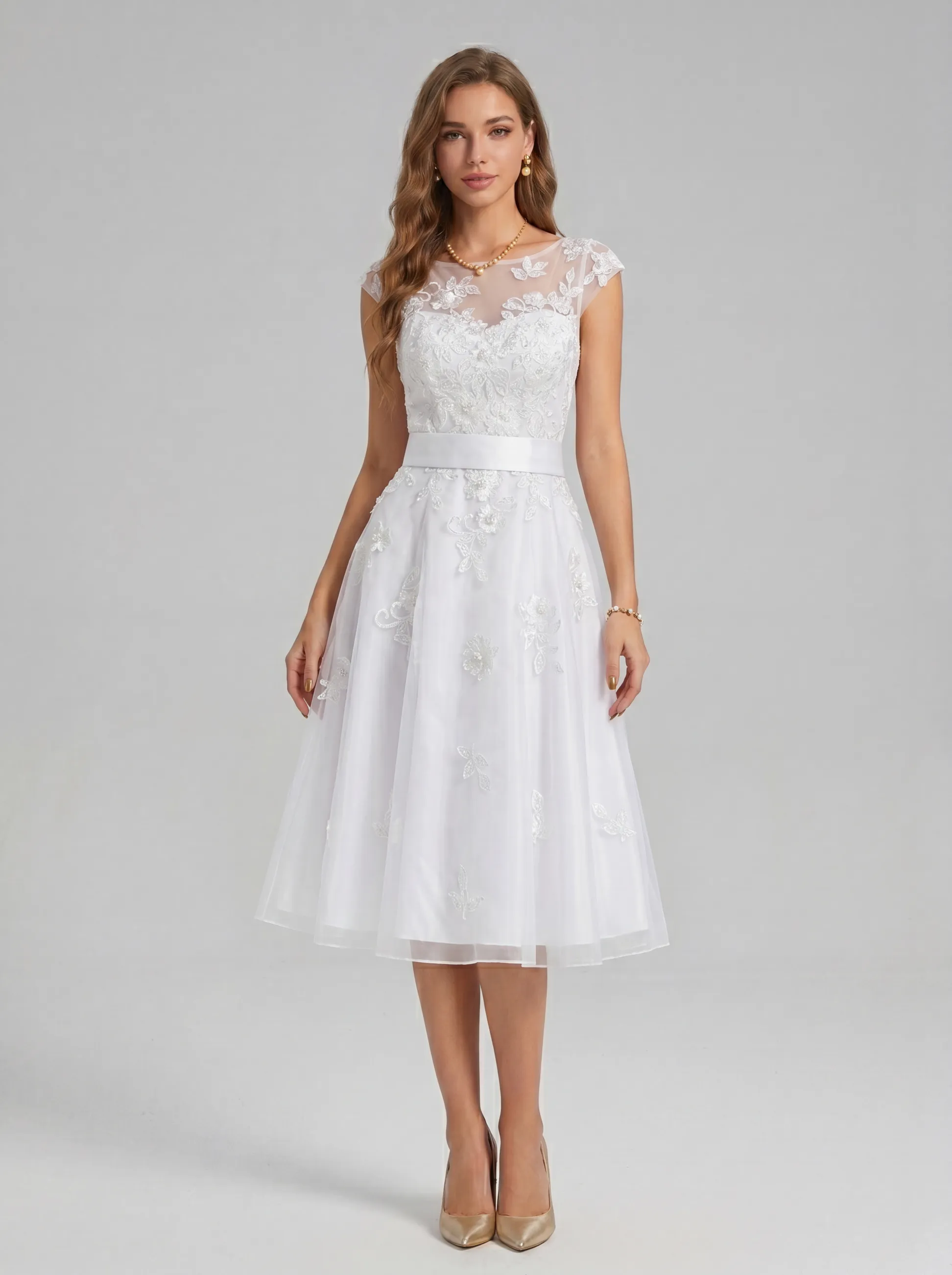 Elegant Floral Lace Applique Tulle Mini Dress | Illusion Neckline Cap Sleeve A-Line Short Party Gown