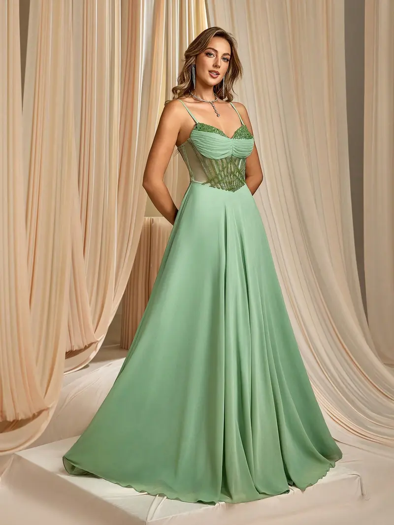 Sage Green Sheer Corset Prom Dress - Chiffon A-Line Evening Gown with High Slit & Sweetheart Neckline