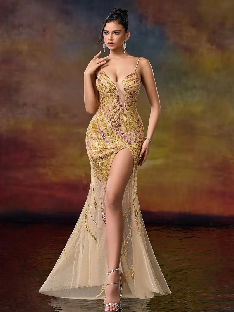 Golden Champagne Sequin Mermaid Prom Dress - Illusion V-Neck Evening Gown with High Slit & Tulle Train