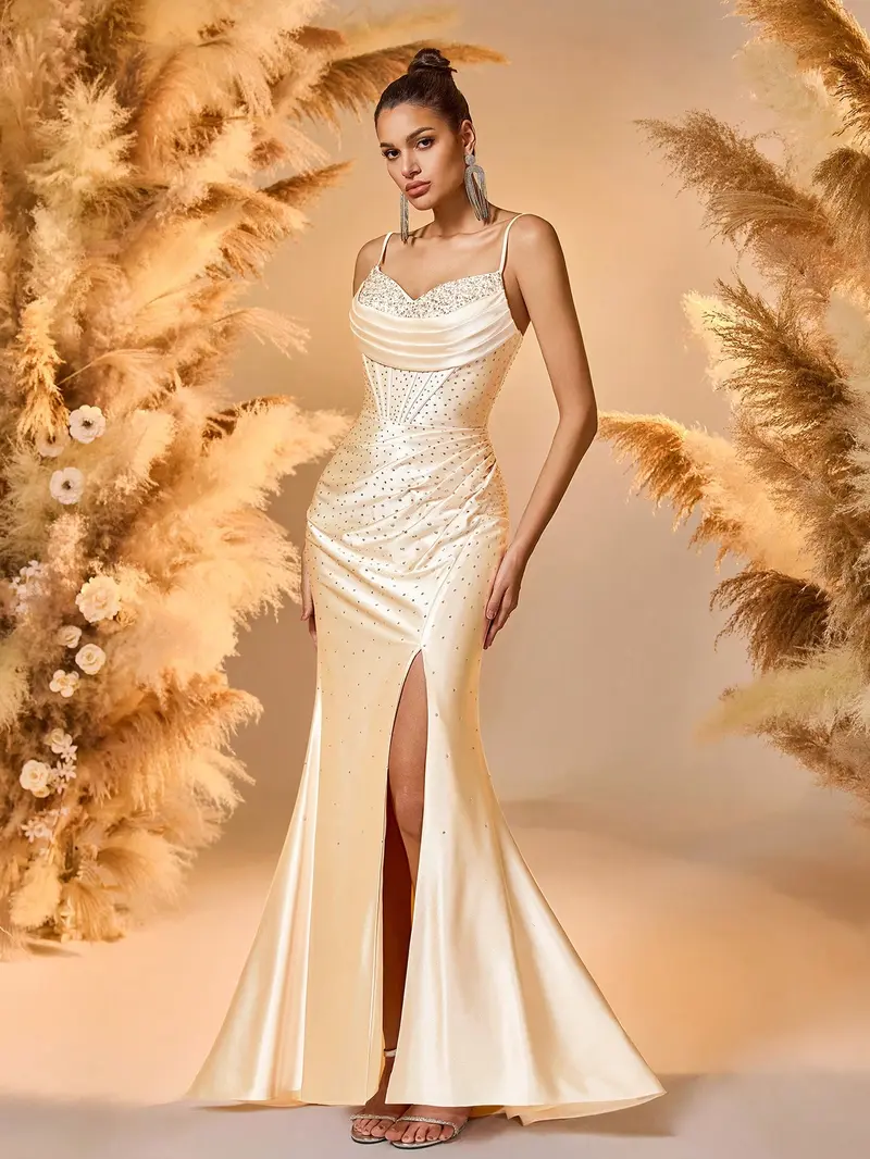 Champagne Satin Rhinestone Mermaid Prom Dress - Ruched Corset Evening Gown with High Slit
