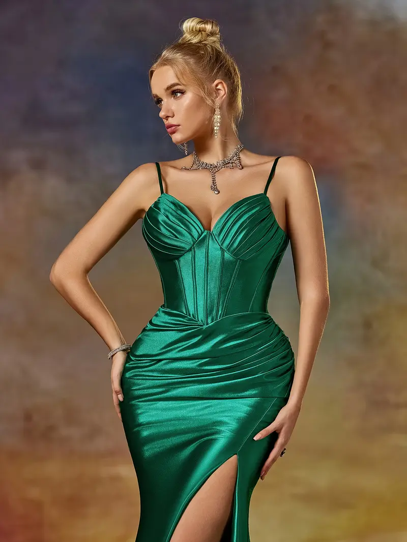 Emerald Green Satin Mermaid Prom Dress - Sweetheart Corset Evening Gown with Ruched Waist & High Slit