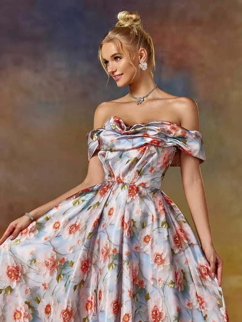 Vintage Floral Off-The-Shoulder Evening Gown - Pleated A-Line Prom Dress & Spring Wedding Guest Maxi