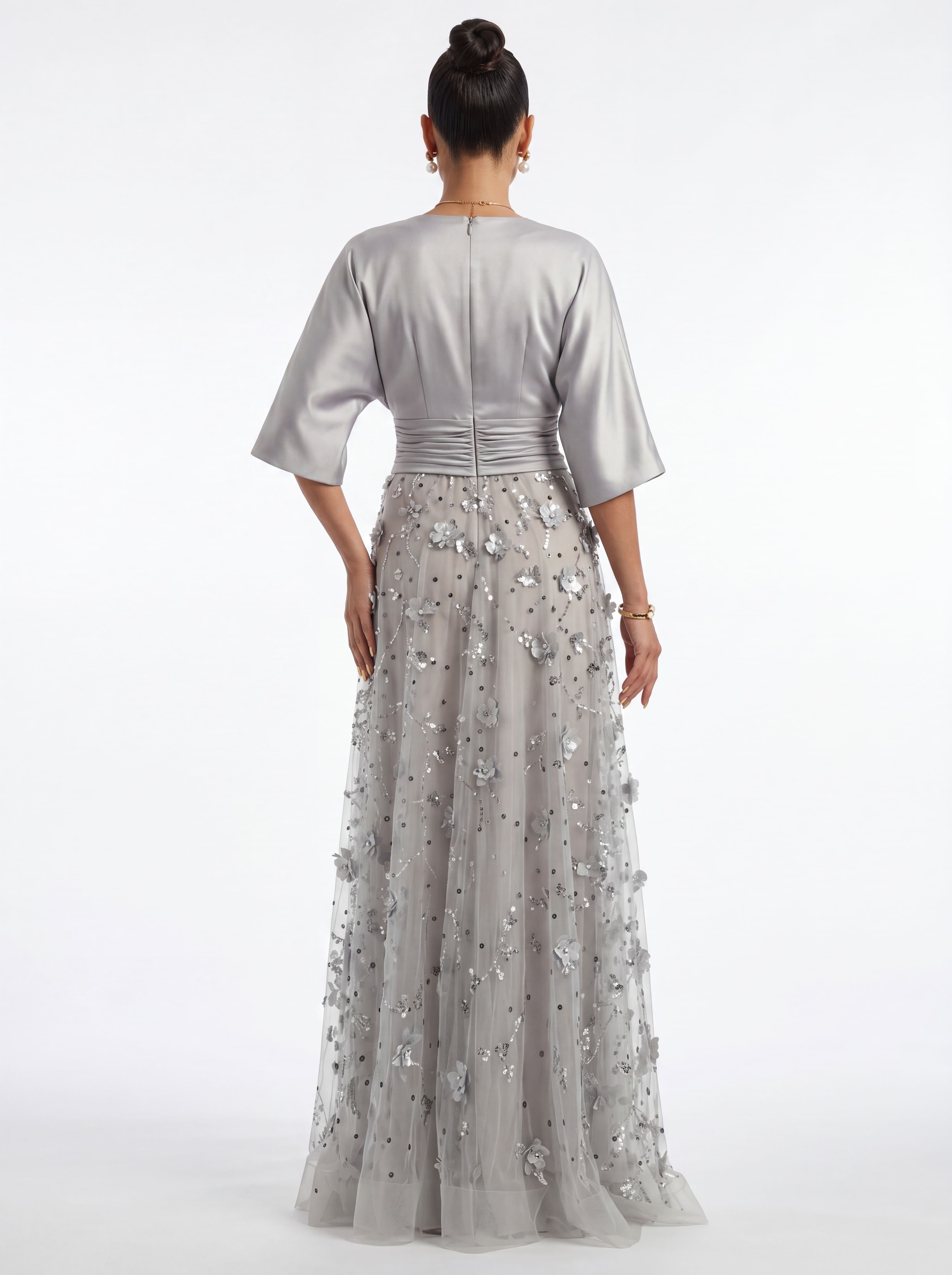 Silver 3D Floral Sequin A-Line Evening Gown - Satin Batwing Sleeve Grandmother of the Bride Dress with Ruched Waist
