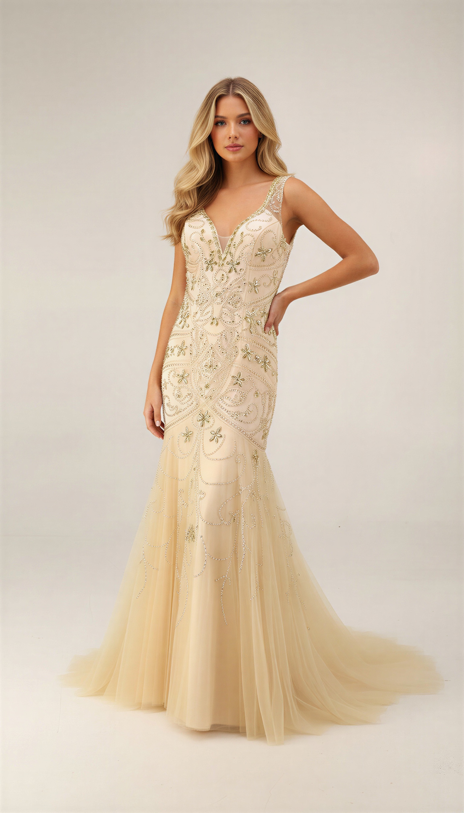 Luxury Sequin Mermaid Evening Dress - Formal Deep V-Neck Prom Gown with Baroque Beaded Embroidery