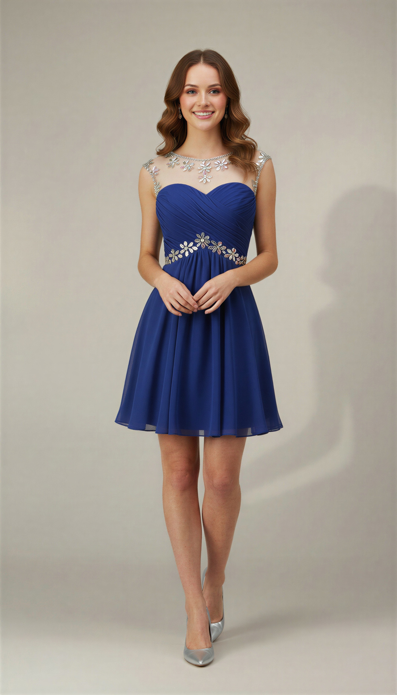 Sparkling Crystal Homecoming Dress Short - Illusion Neck Chiffon Prom Gown with Beaded Waistband
