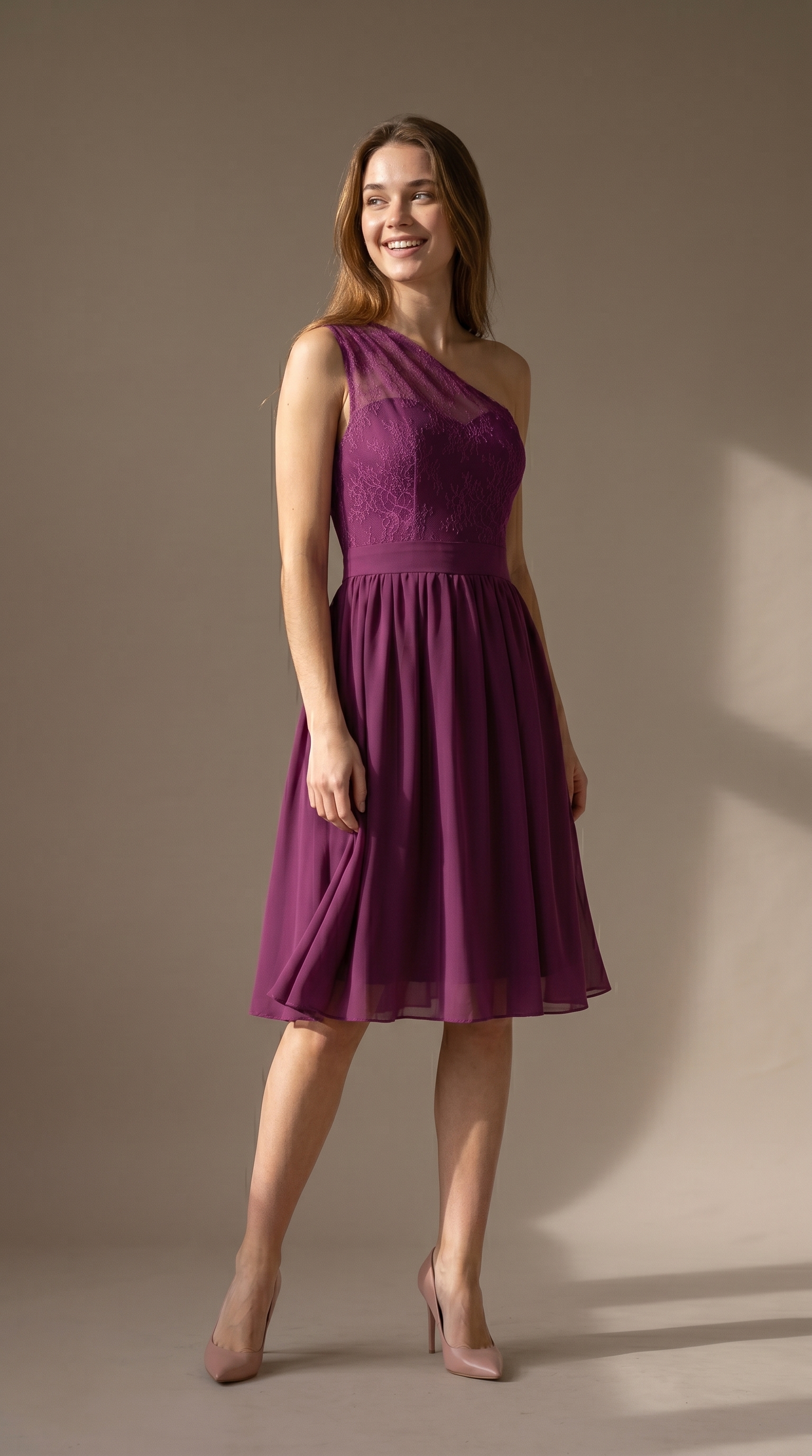 Blush Pink Lace One Shoulder Homecoming Dress - Short Chiffon Bridesmaid Gown with Illusion Bodice