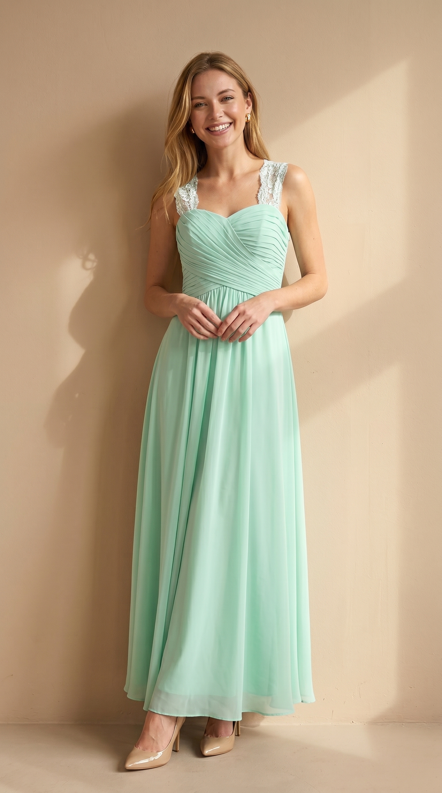 Flowing Chiffon Bridesmaid Dress - Lace Strap Ruched Sweetheart Maxi Gown with Empire Waist