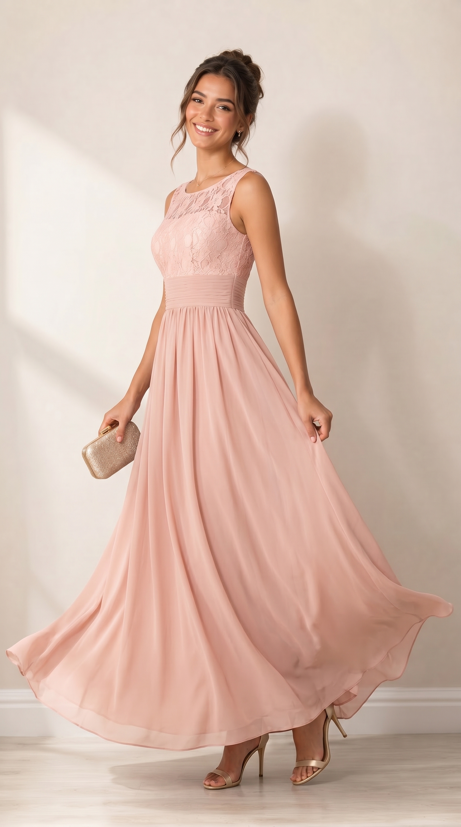 Elegant Lace A-Line Bridesmaid Dress - Illusion Boat Neck Chiffon Maxi Gown with Pleated Waistband