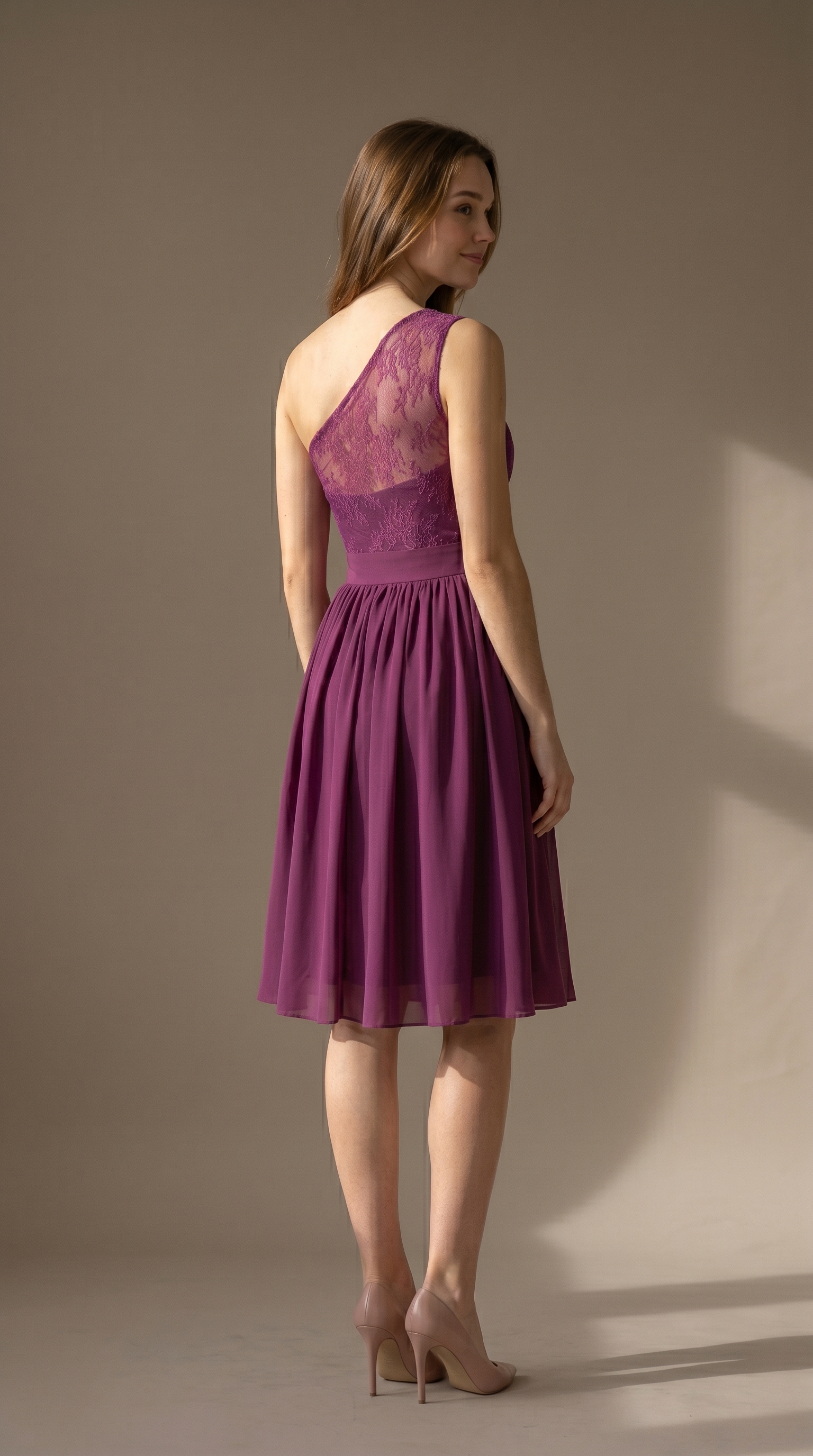 Blush Pink Lace One Shoulder Homecoming Dress - Short Chiffon Bridesmaid Gown with Illusion Bodice