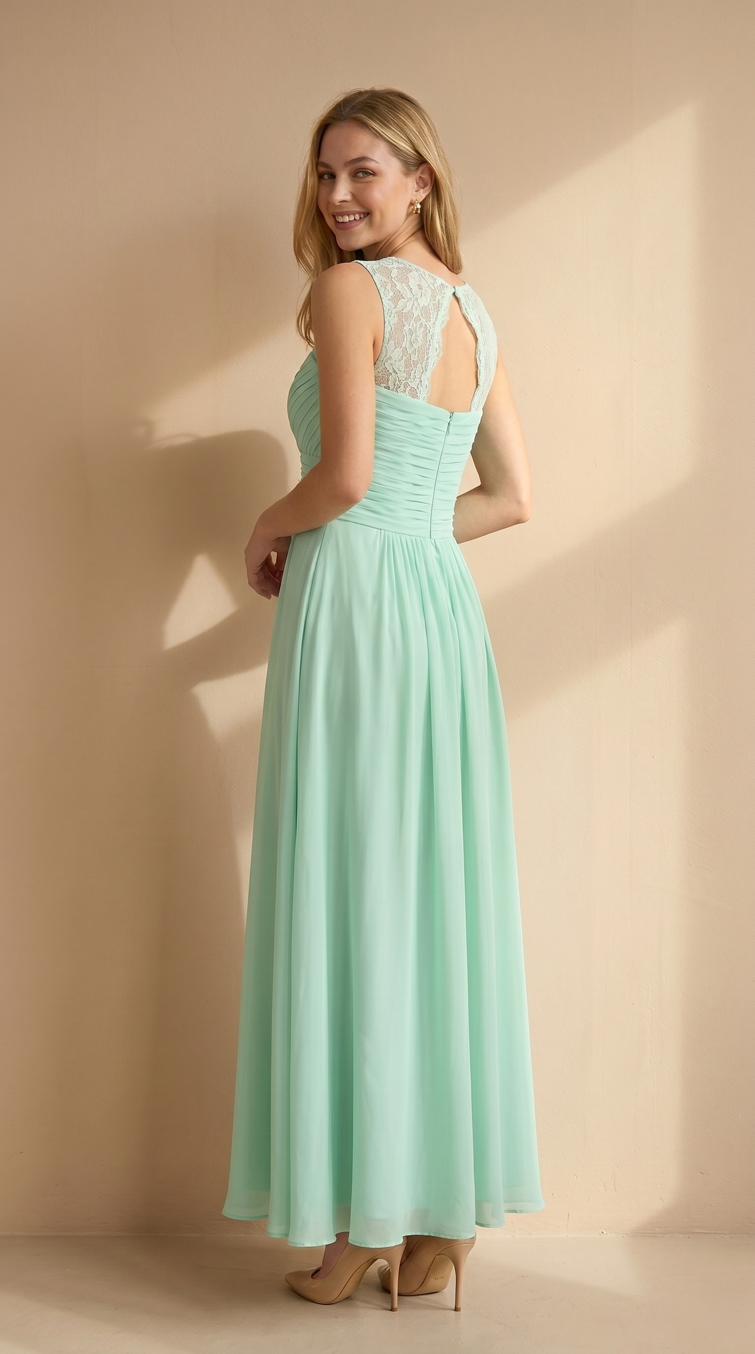 Flowing Chiffon Bridesmaid Dress - Lace Strap Ruched Sweetheart Maxi Gown with Empire Waist
