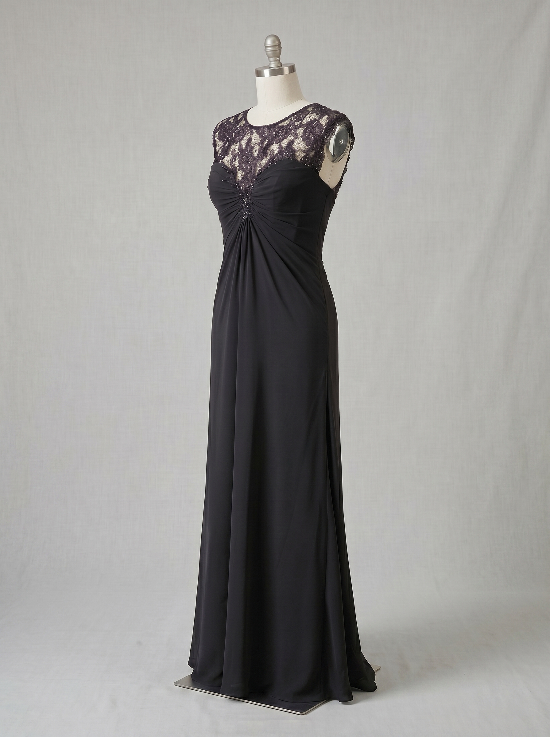 Elegant Sleeveless Lace Illusion Neckline Maxi Dress - Ruched Chiffon Formal Evening Gown for Wedding Guest, Bridesmaid & Prom