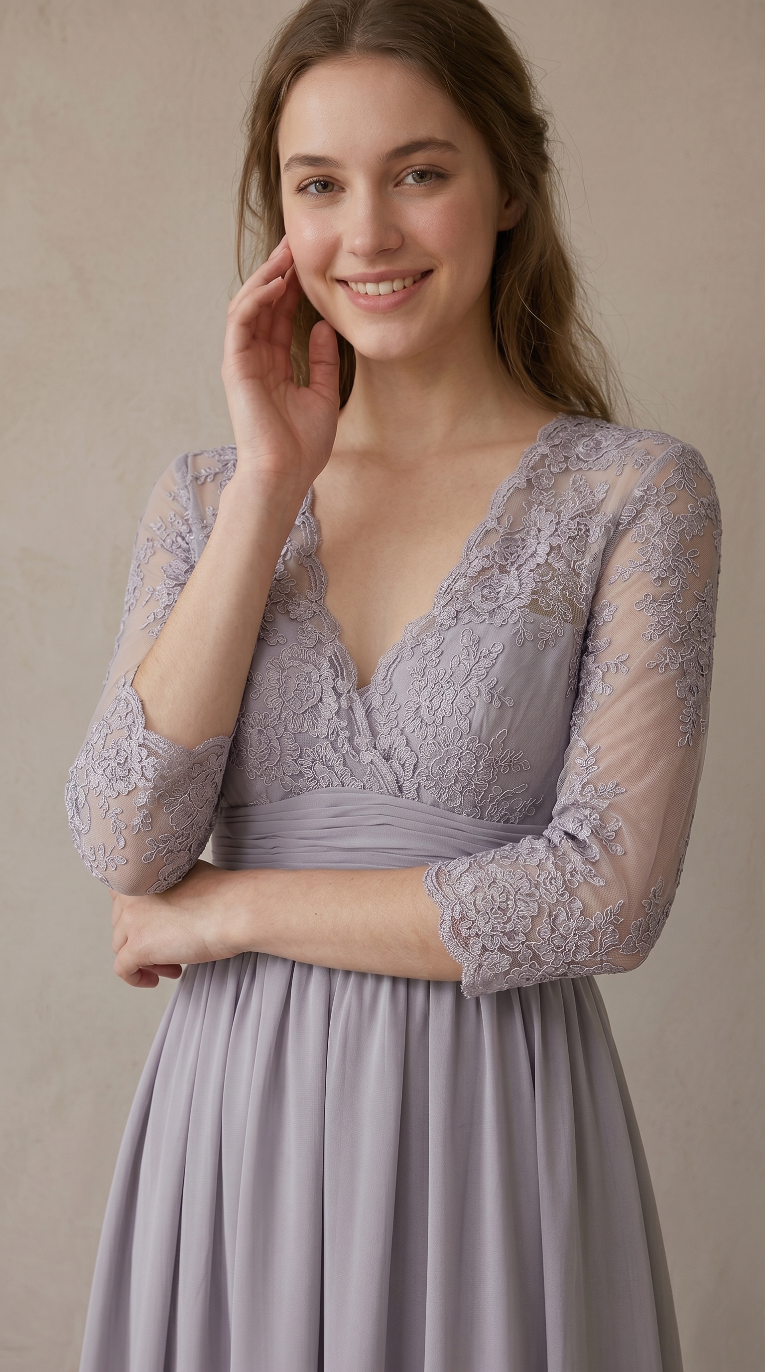 Floral Lace V-Neck Cocktail Dress - 3/4 Sleeve Mother of the Bride Midi Gown with Ruched Waistband