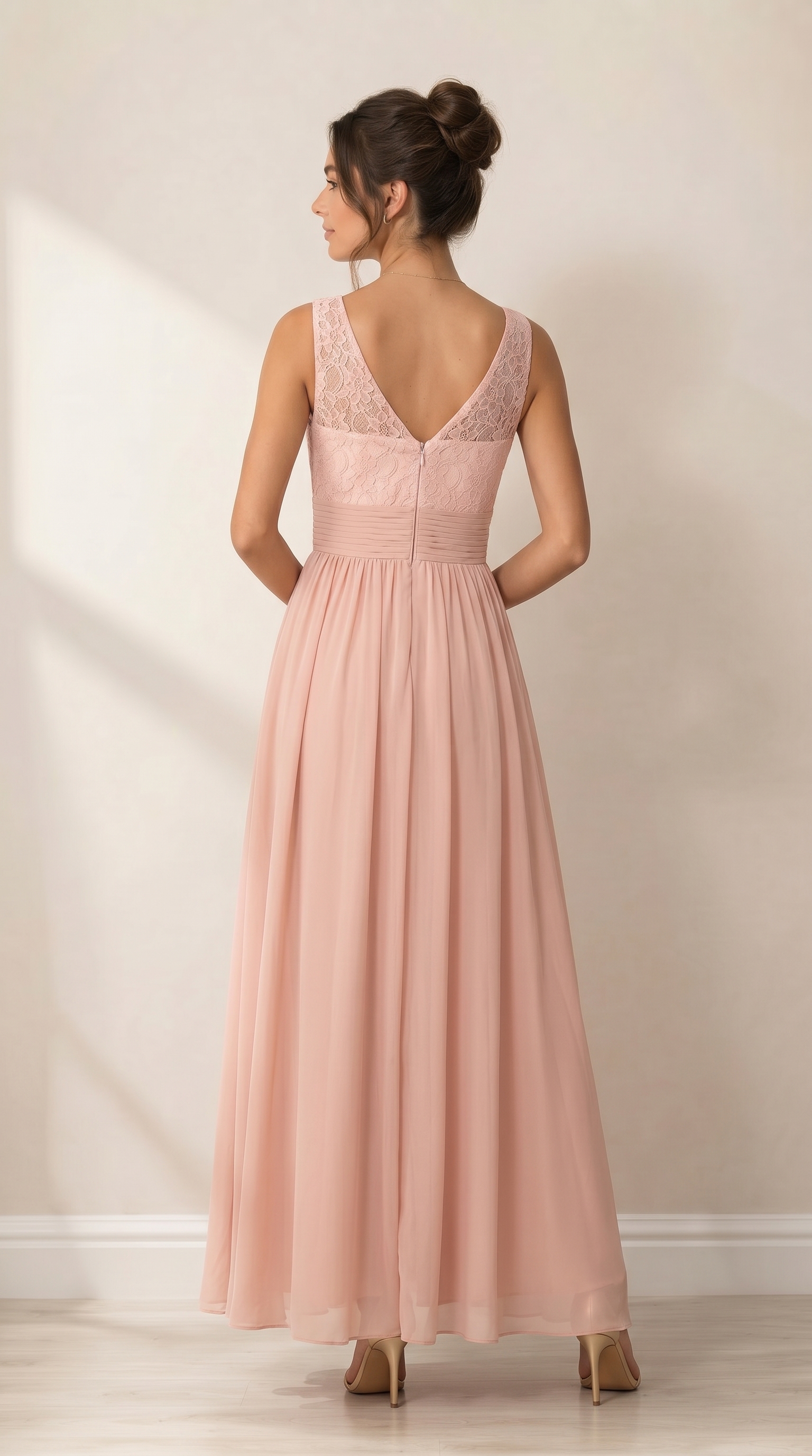 Elegant Lace A-Line Bridesmaid Dress - Illusion Boat Neck Chiffon Maxi Gown with Pleated Waistband