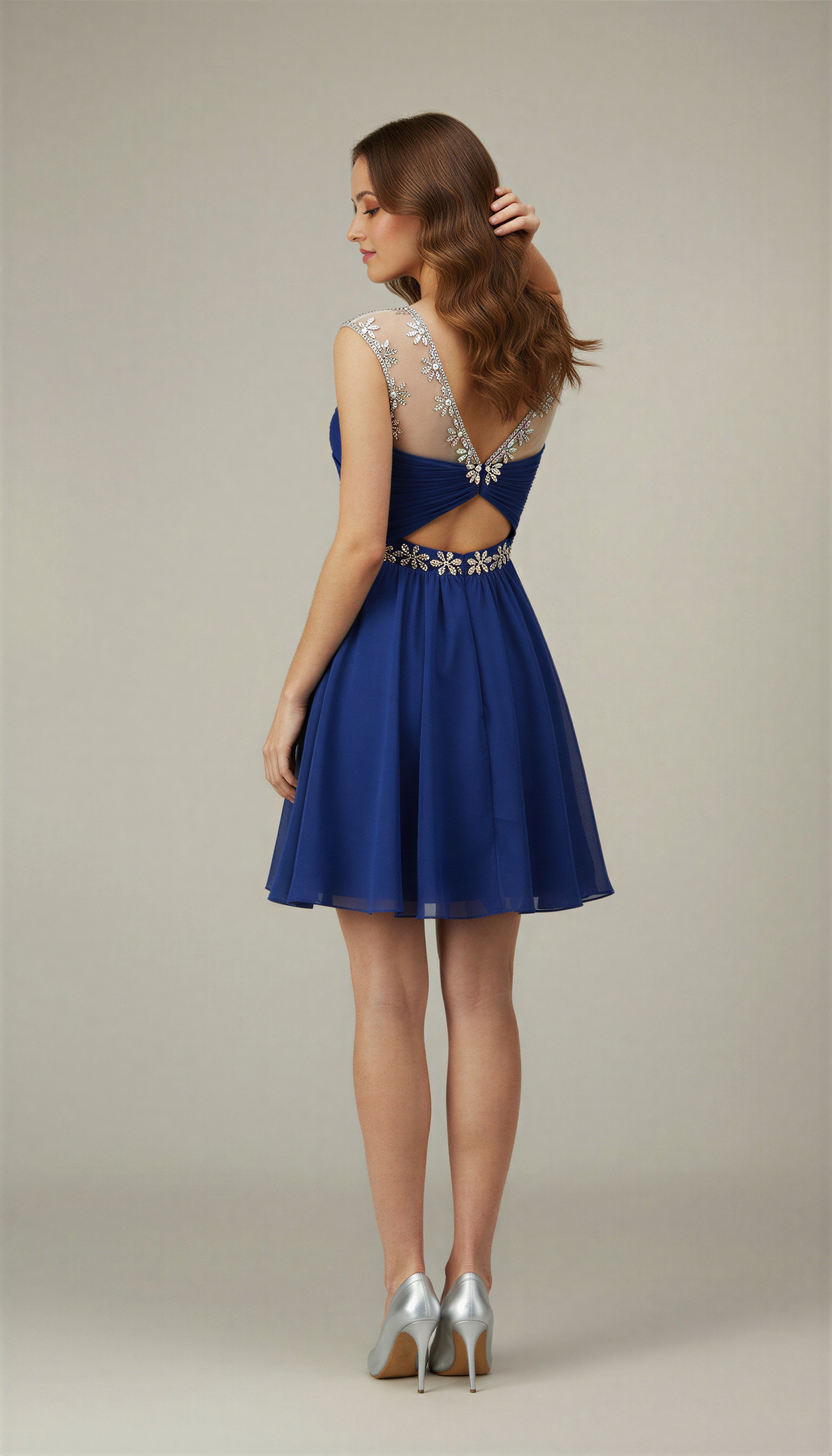 Sparkling Crystal Homecoming Dress Short - Illusion Neck Chiffon Prom Gown with Beaded Waistband