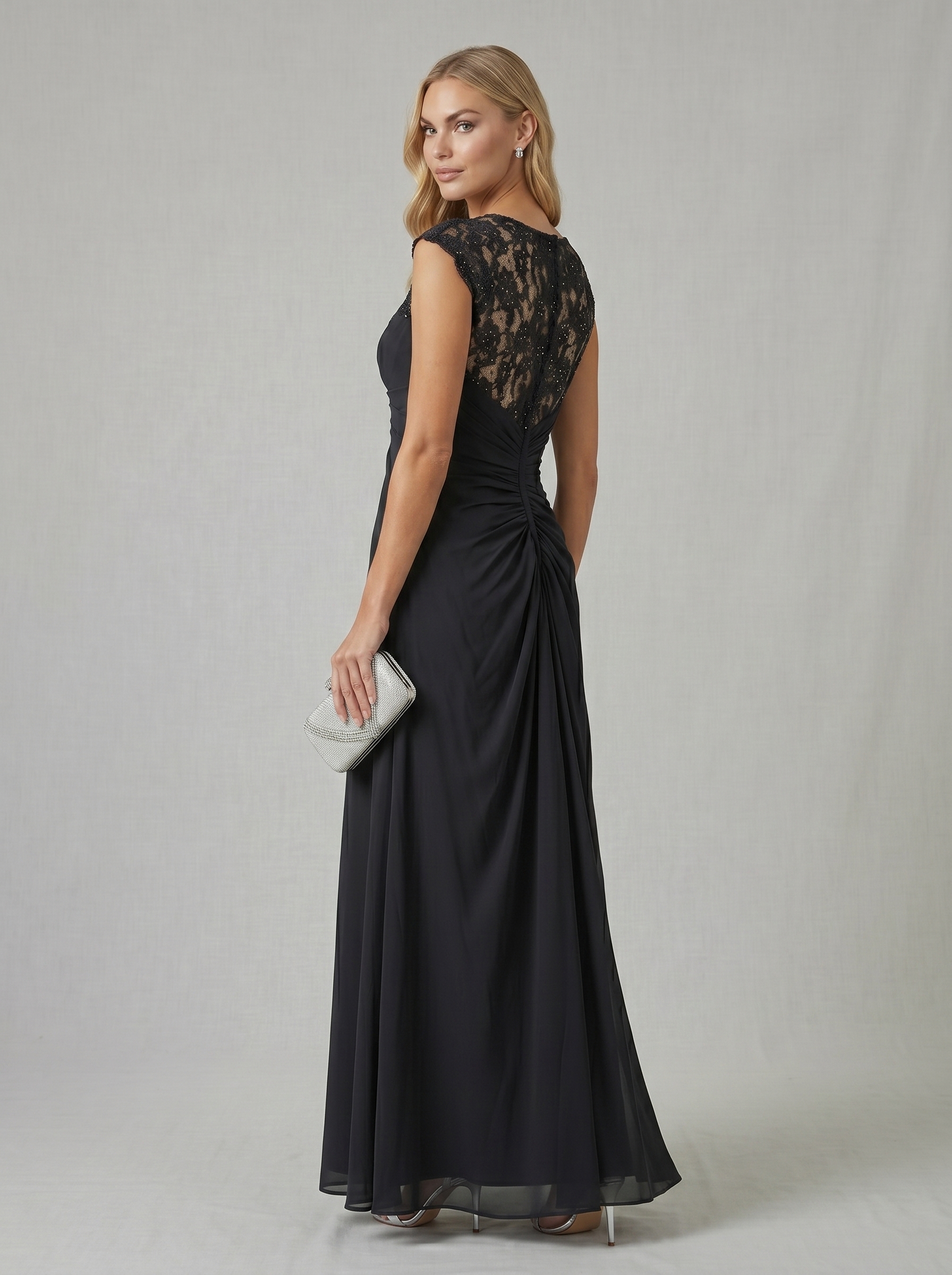 Elegant Sleeveless Lace Illusion Neckline Maxi Dress - Ruched Chiffon Formal Evening Gown for Wedding Guest, Bridesmaid & Prom