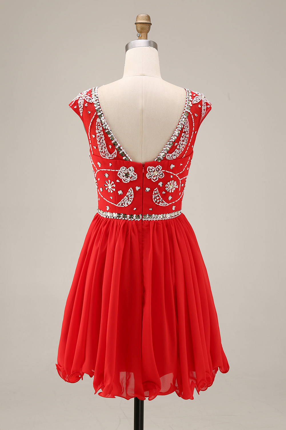 Sparkling Sequin Homecoming Dress Short - Illusion Neck Beaded Prom Gown with Chiffon Skirt