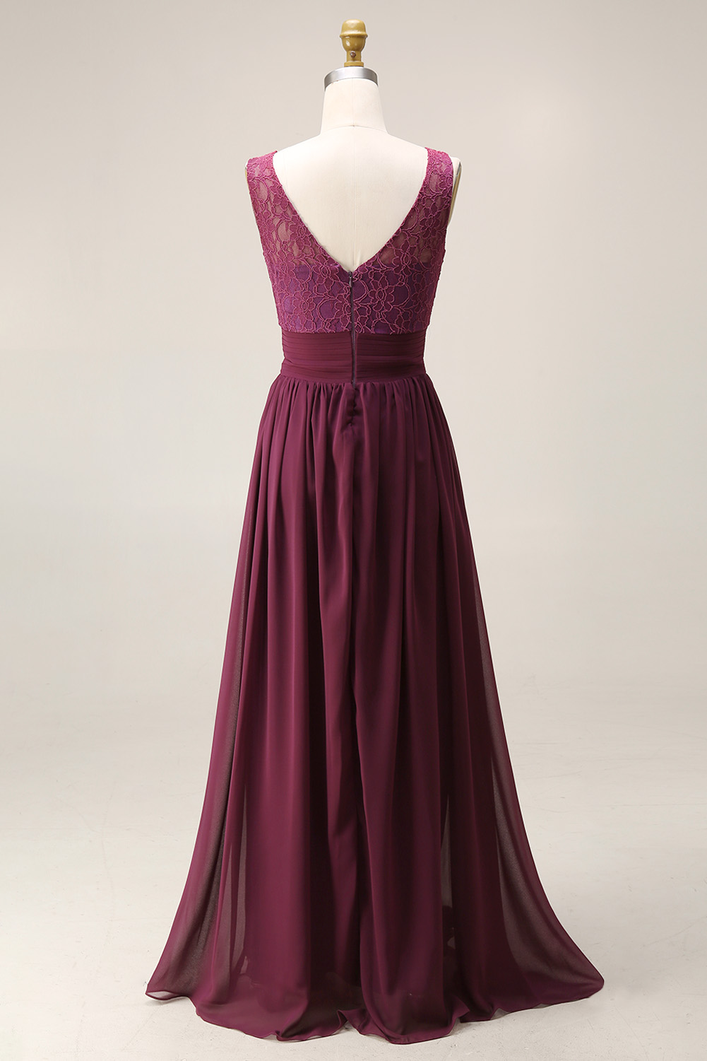 Elegant Lace A-Line Bridesmaid Dress - Illusion Boat Neck Chiffon Maxi Gown with Pleated Waistband
